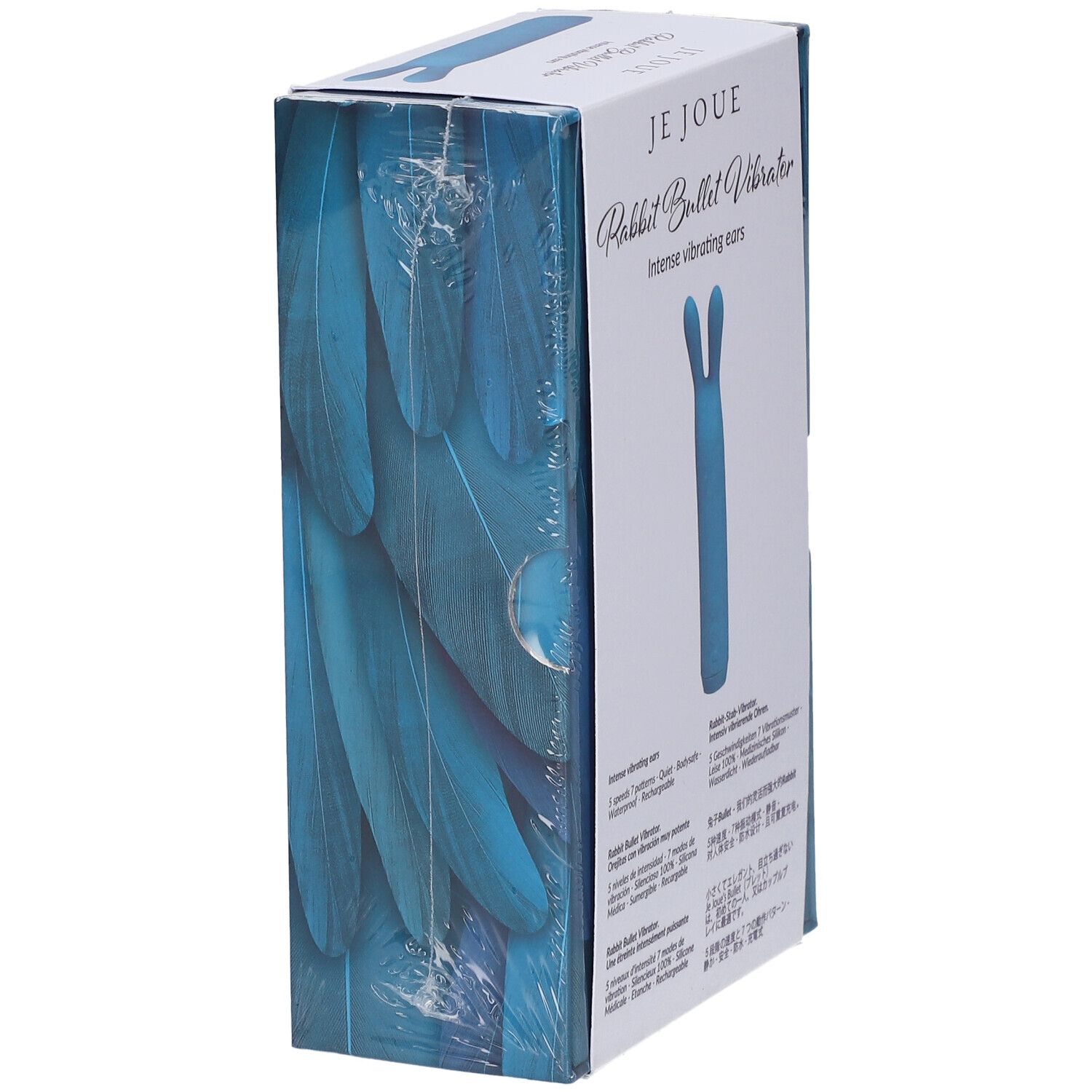 Confezione di un vibratore blu a forma di coniglio. Marchio: Je Joue. Testo: Rabbit Bullet Vibrator, Intense vibrating ears.
