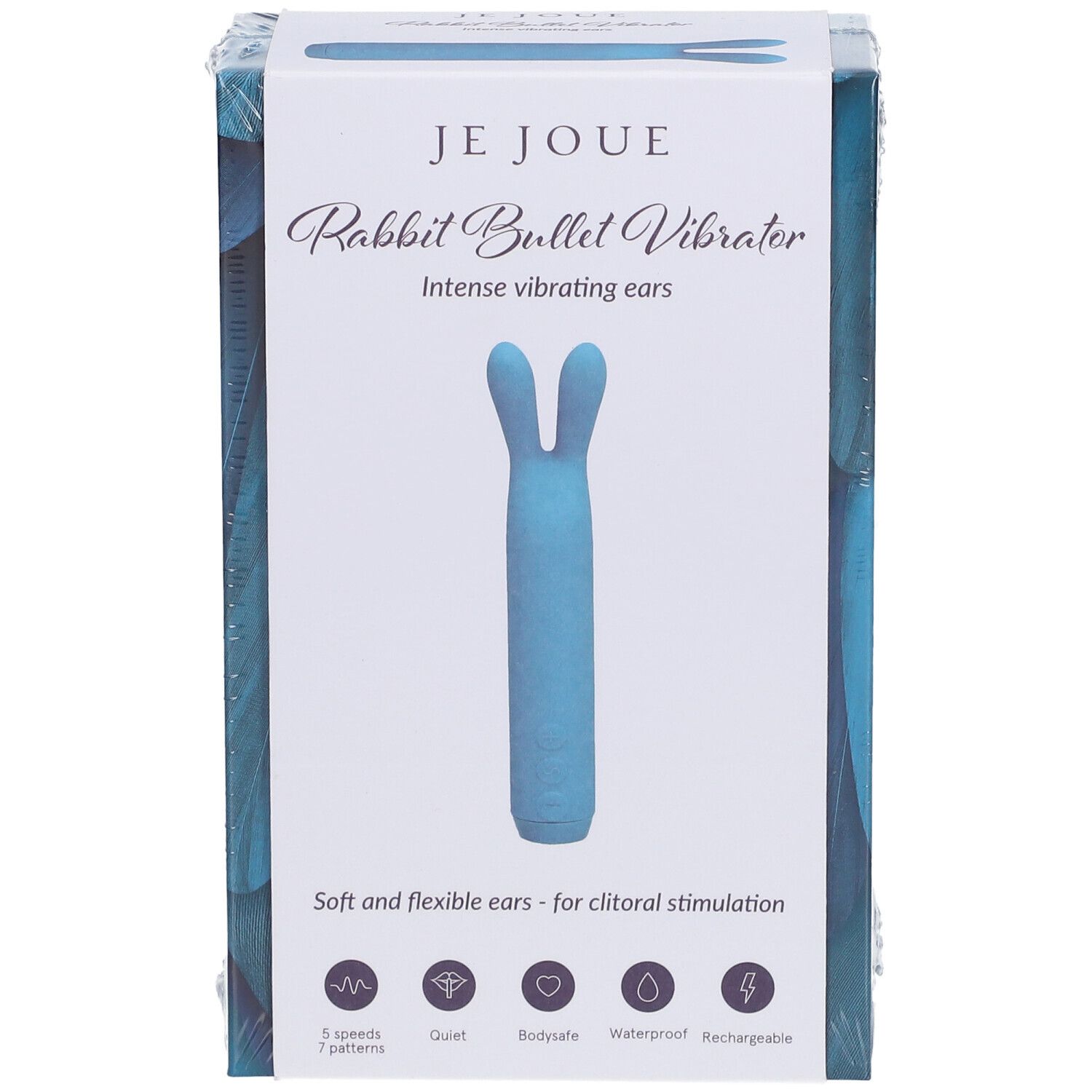 Vibratore blu a forma di coniglio in confezione. Marchio: Je Joue. Testo: Rabbit Bullet Vibrator, Intense vibrating ears.