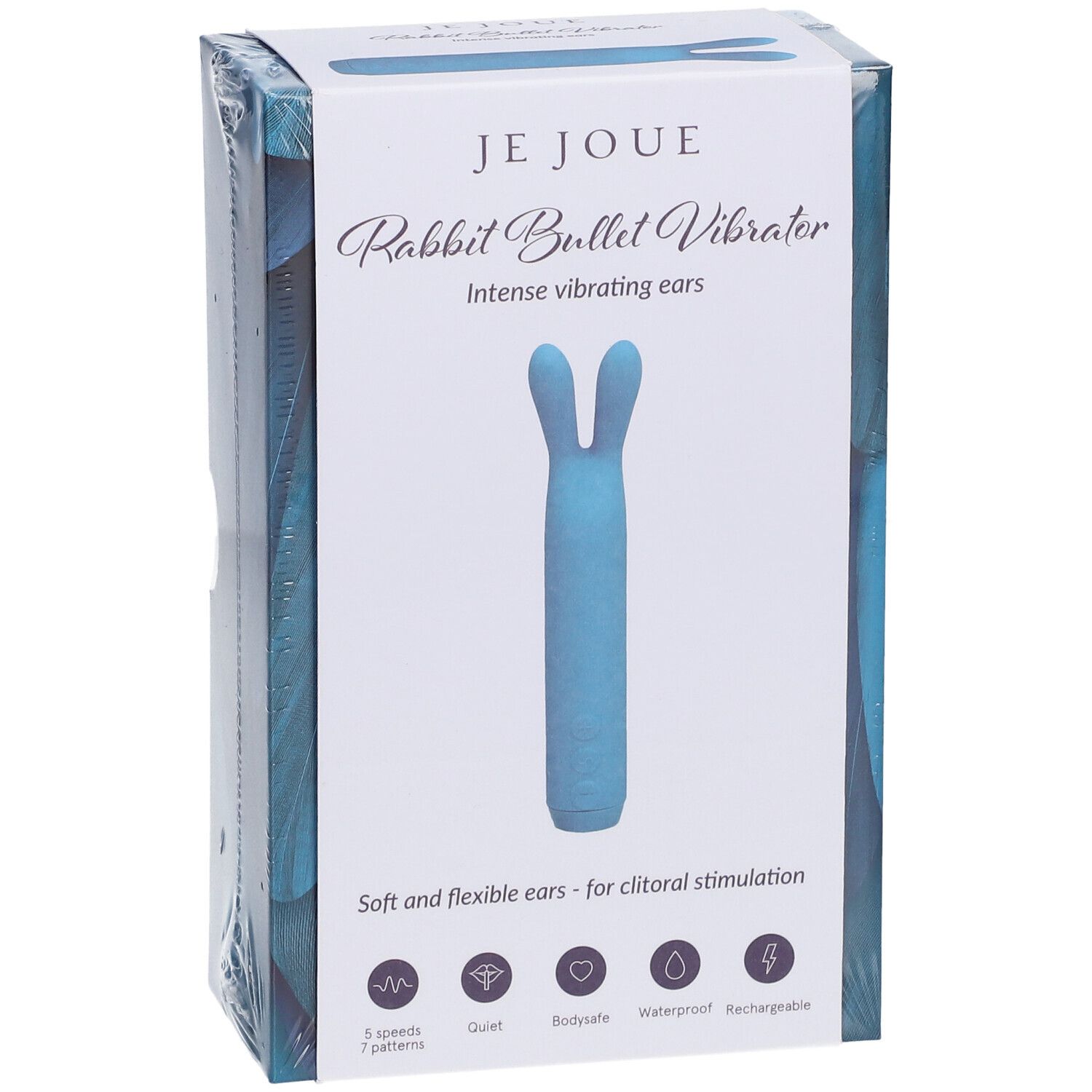 Vibratore blu a forma di coniglio in confezione. Marchio: Je Joue. Testo: Rabbit Bullet Vibrator, Intense vibrating ears.