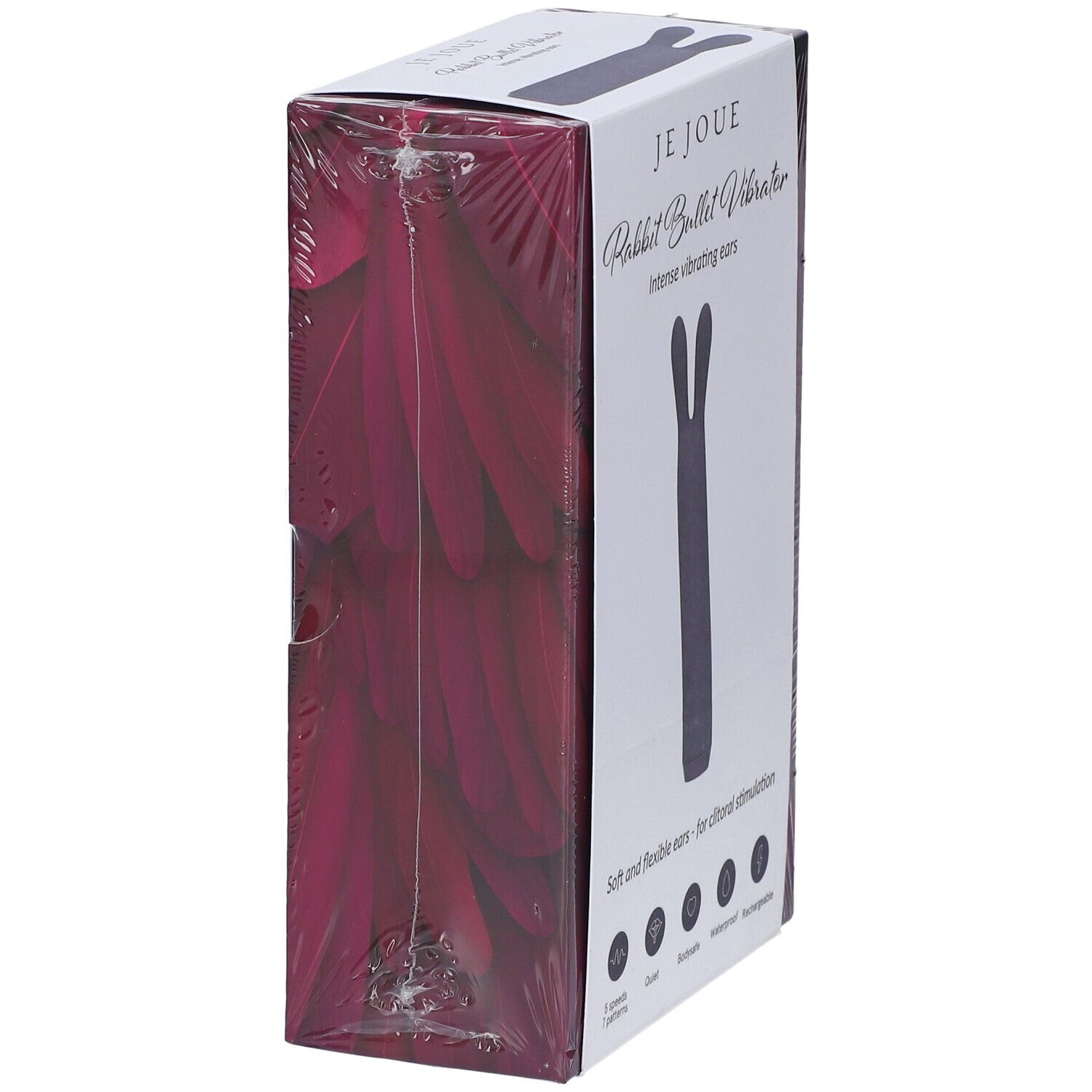 Confezione Je Joue Rabbit Bullet Vibrator. Prodotto viola. Testo: Intense vibrating ears, Soft and flexible ears - for clitoral stimulation. Vista laterale.