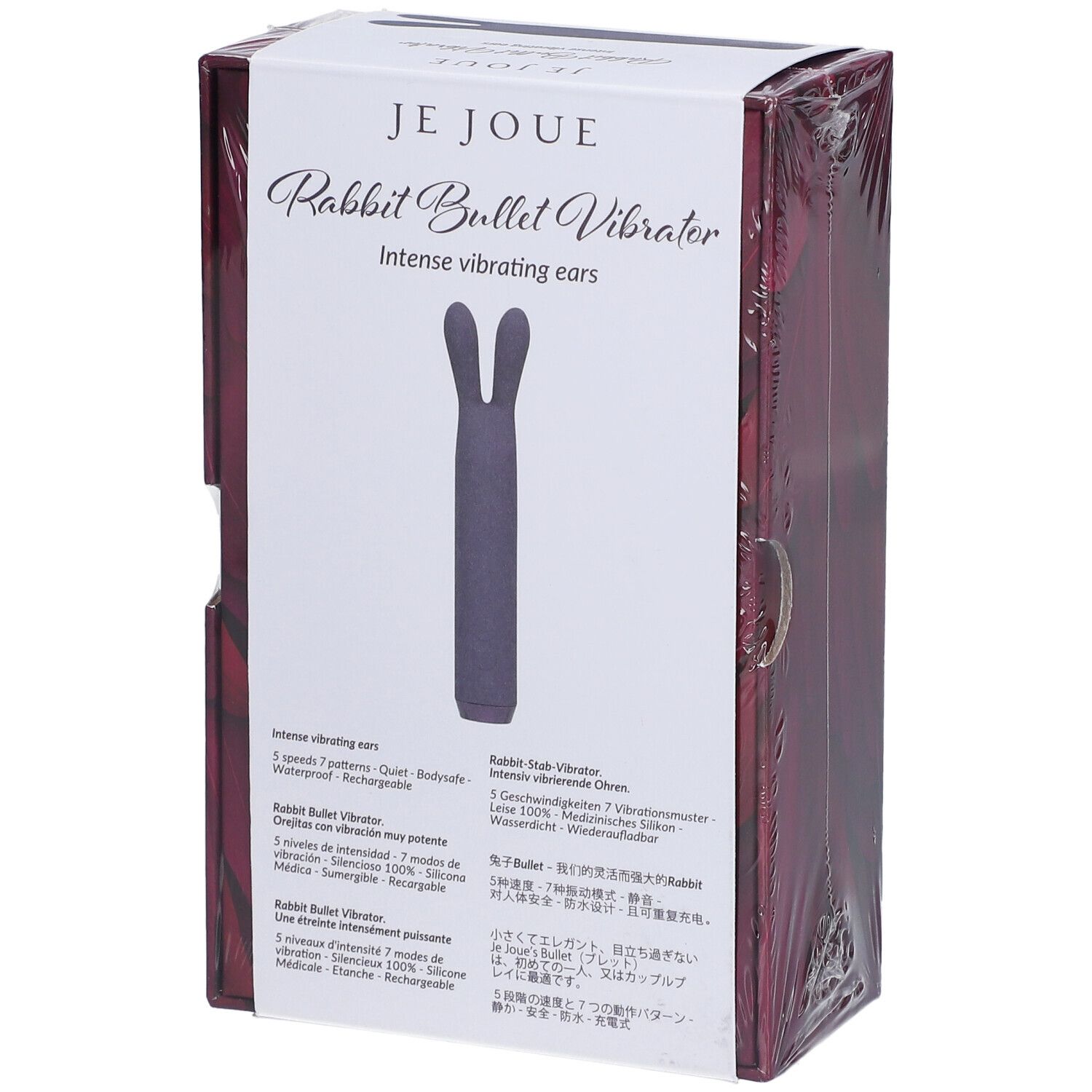 Confezione Je Joue Rabbit Bullet Vibrator. Prodotto viola. Testo: Intense vibrating ears, Soft and flexible ears - for clitoral stimulation. Testo multilingue.