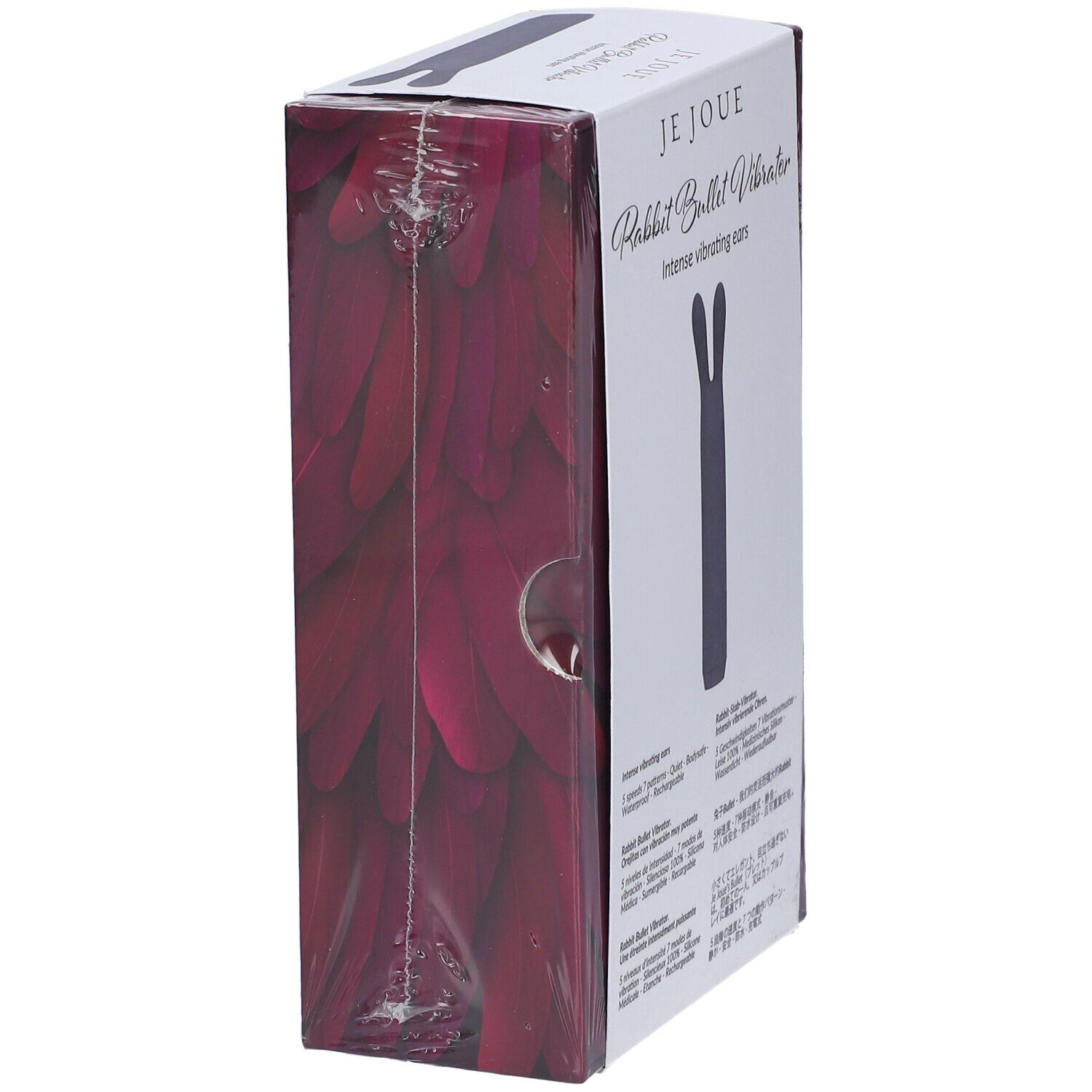 Confezione Je Joue Rabbit Bullet Vibrator. Prodotto viola. Testo: Intense vibrating ears, Soft and flexible ears - for clitoral stimulation. Vista laterale.