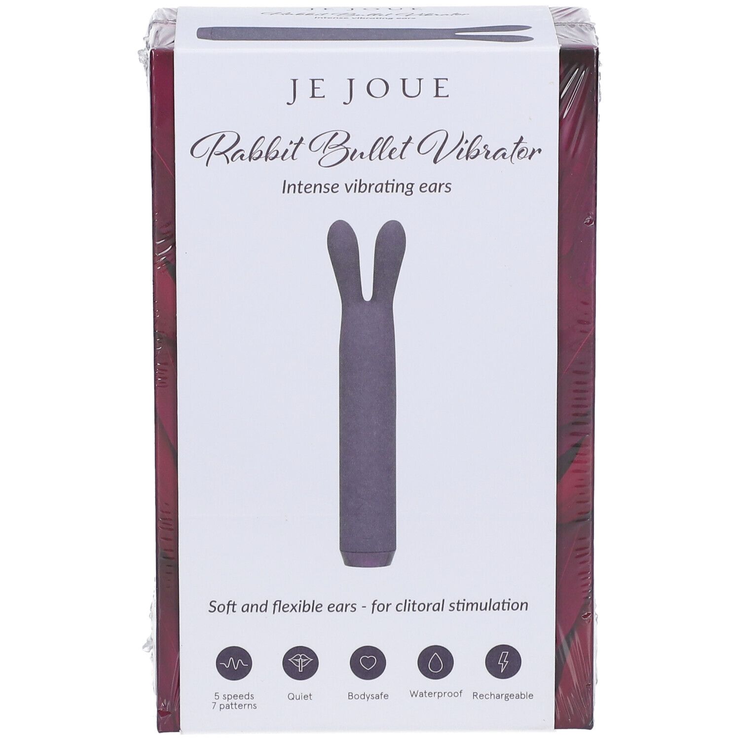 Confezione Je Joue Rabbit Bullet Vibrator. Prodotto viola. Testo: Intense vibrating ears, Soft and flexible ears - for clitoral stimulation. Simboli.
