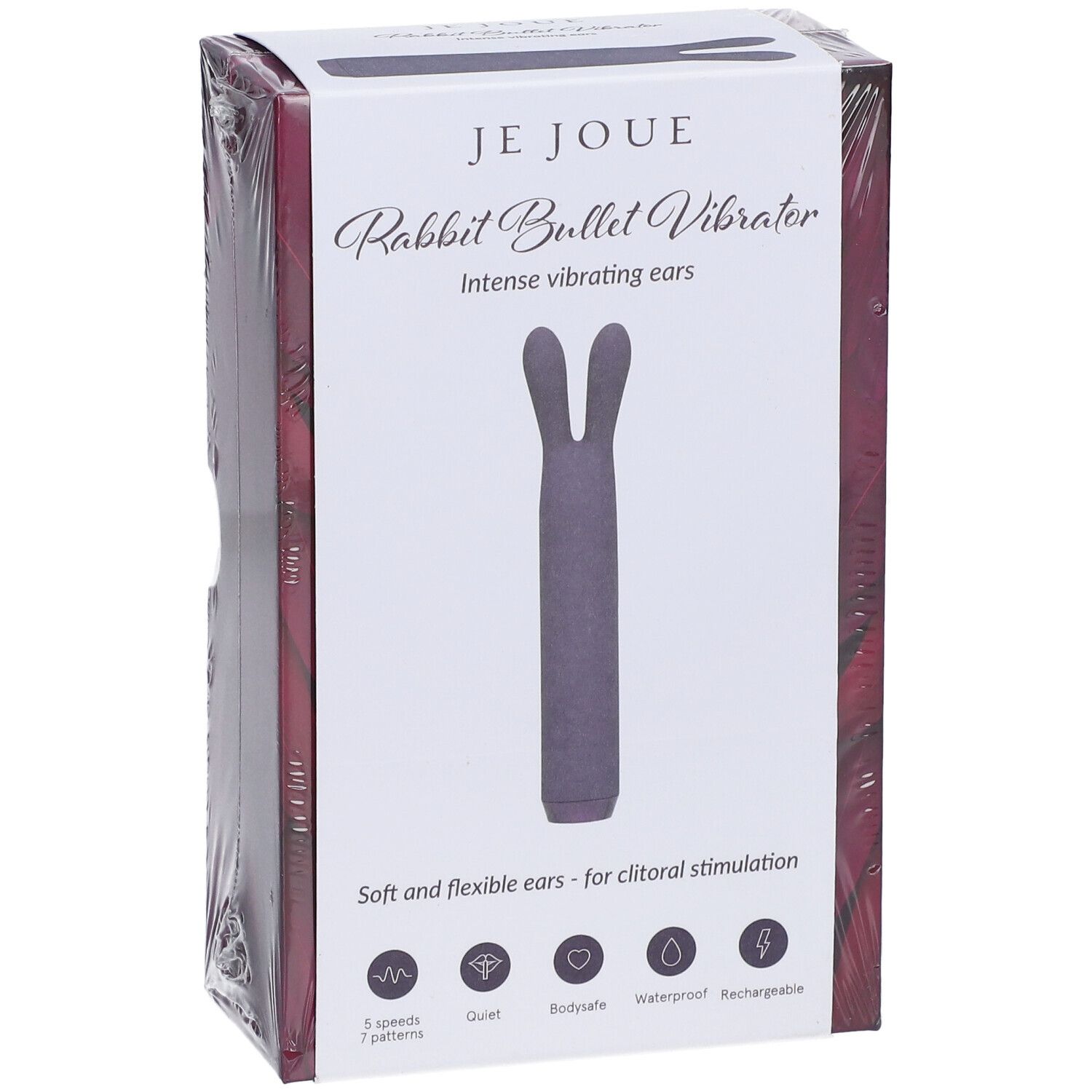 Confezione Je Joue Rabbit Bullet Vibrator. Prodotto viola. Testo: Intense vibrating ears, Soft and flexible ears - for clitoral stimulation. Simboli.
