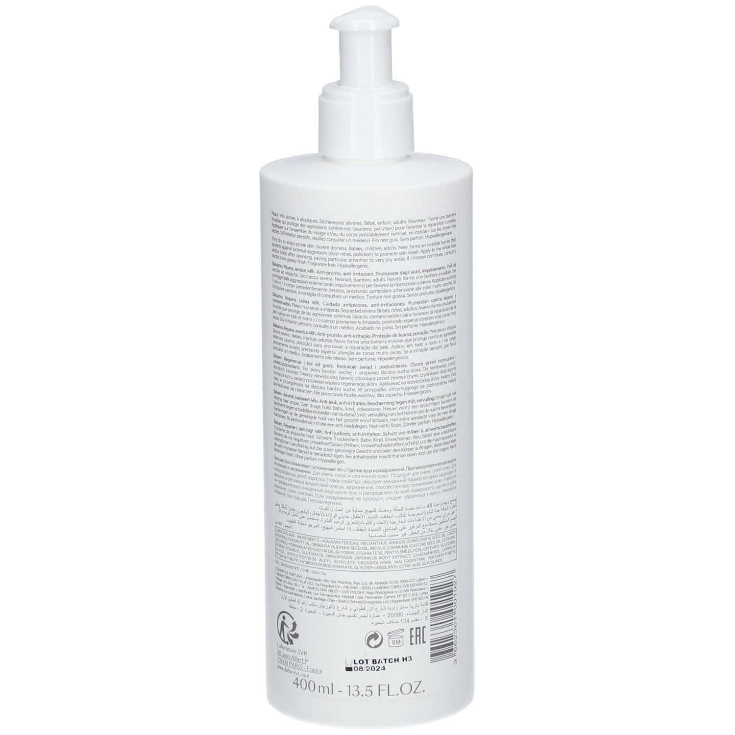 Retro di un flacone bianco con dosatore. Informazioni testuali, inclusi ingredienti e produttore.