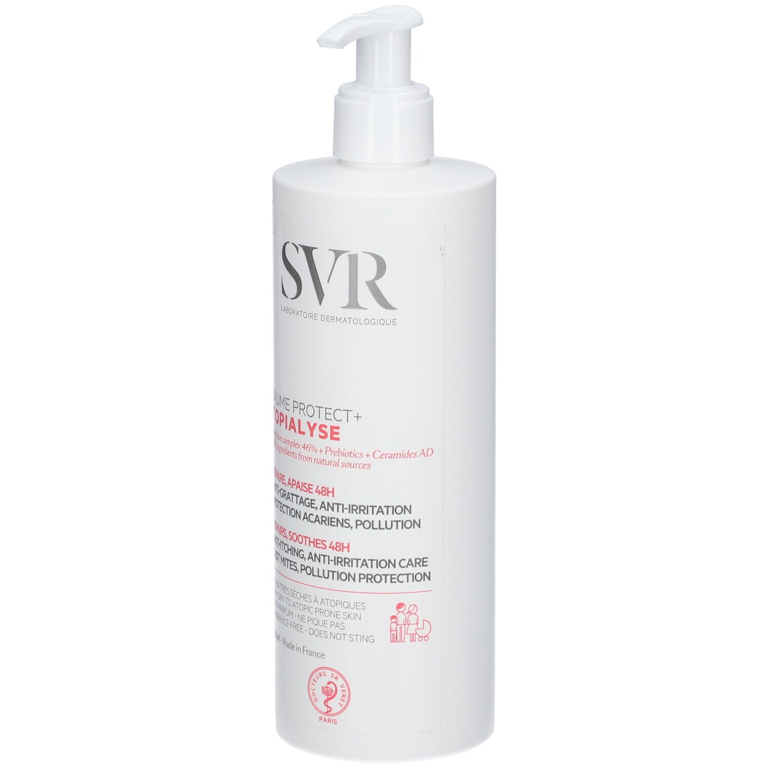 Flacone bianco con dosatore. Scritta SVR, Baume Protect + Topialyse. Testo: Ripara, lenisce, protegge.