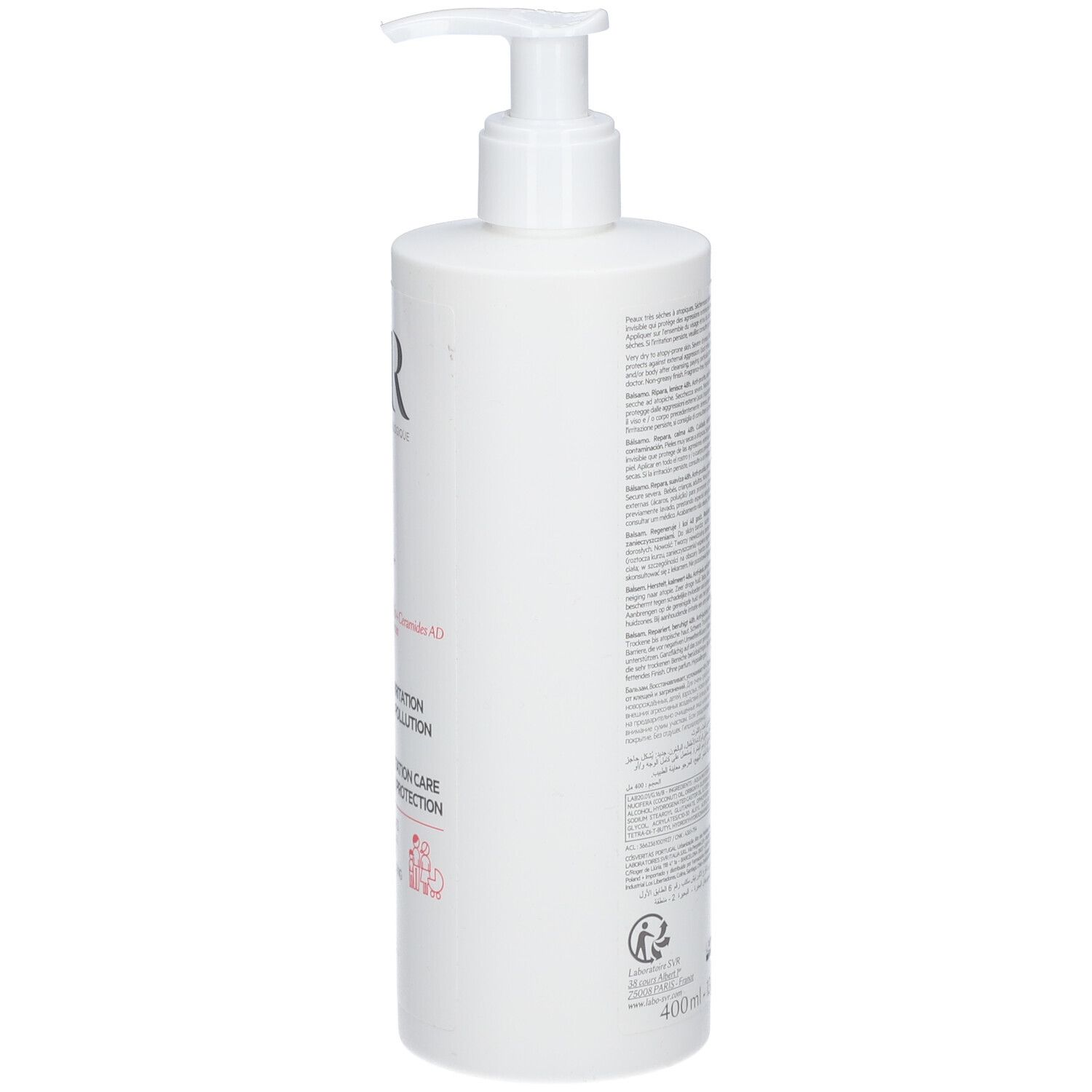 Retro di un flacone bianco con dosatore. Informazioni testuali, inclusi ingredienti e produttore.
