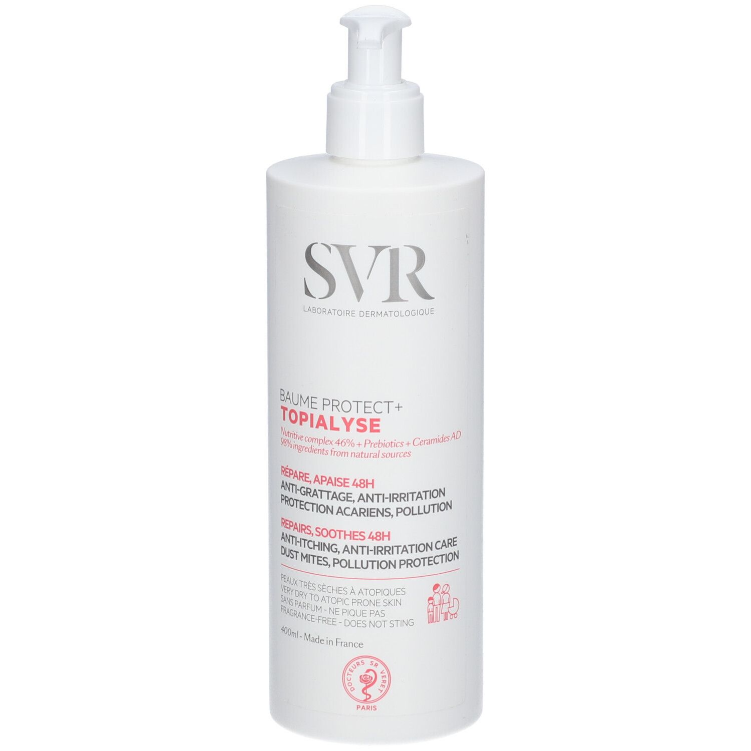 Flacone bianco con dosatore. Scritta SVR, Baume Protect + Topialyse. Testo: Ripara, lenisce, protegge.
