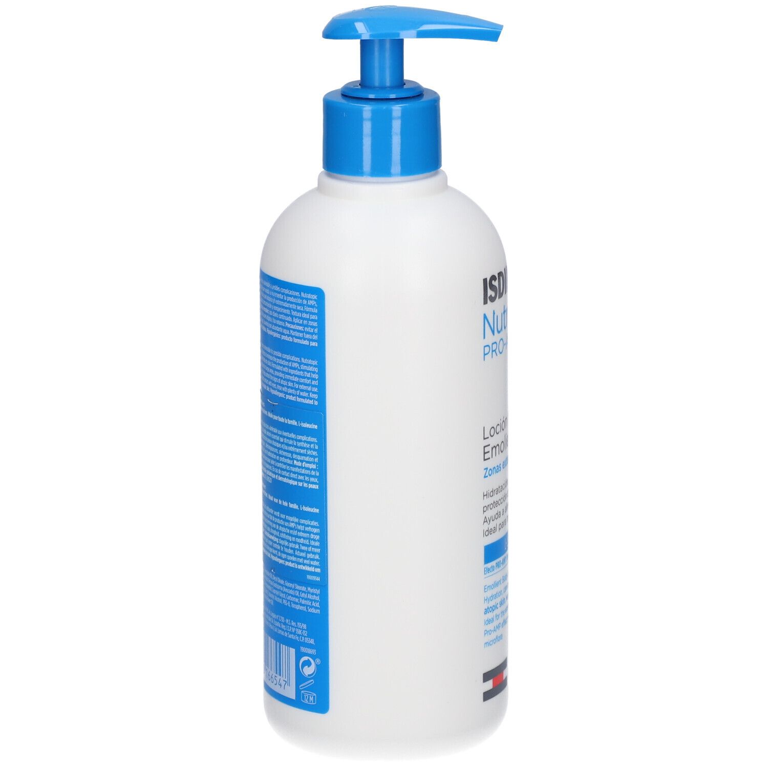 Flacone bianco con dosatore blu. Scritta: ISDIN Nutratopic PRO-AMP. Informazioni sul prodotto su etichetta blu.
