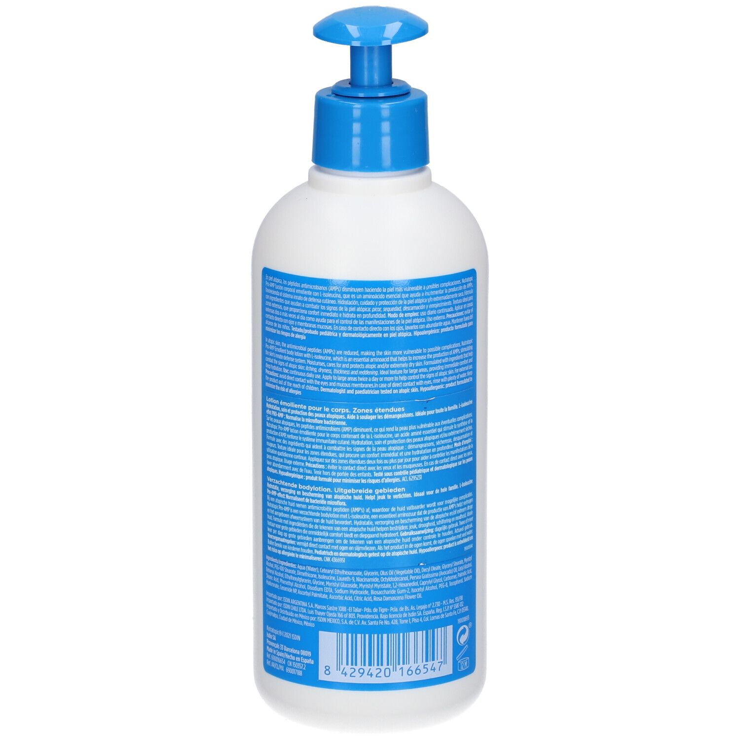 Retro di un flacone bianco con dosatore blu. Testo su etichetta blu. Codice a barre e indicazione del volume.
