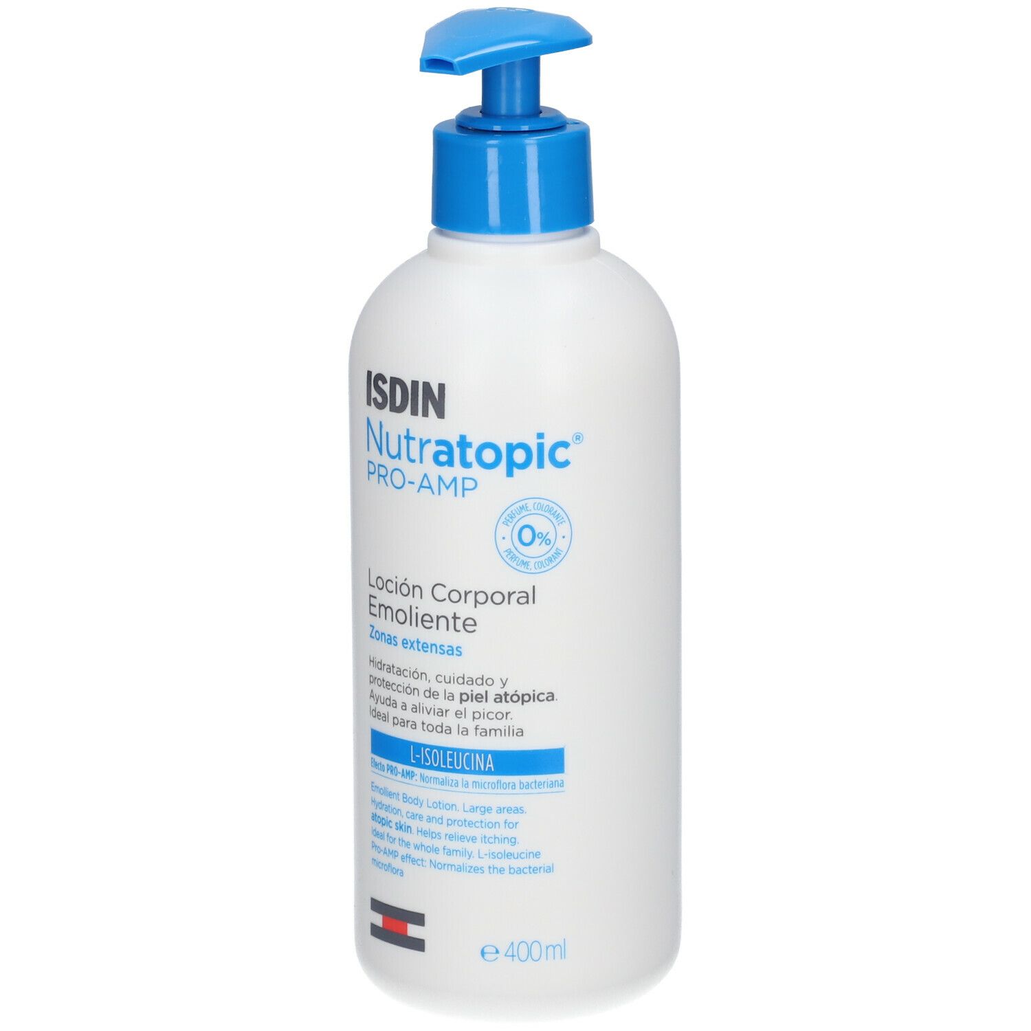 Flacone bianco con dosatore blu. Scritta: ISDIN Nutratopic PRO-AMP. Lozione per pelli sensibili. 400ml.