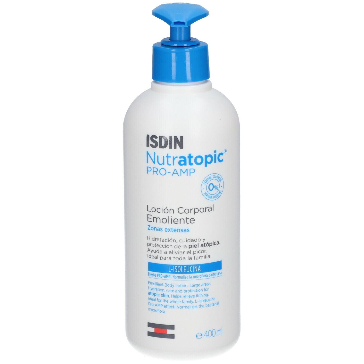 Flacone bianco con dosatore blu. Scritta: ISDIN Nutratopic PRO-AMP. Lozione per pelli sensibili. 400ml.