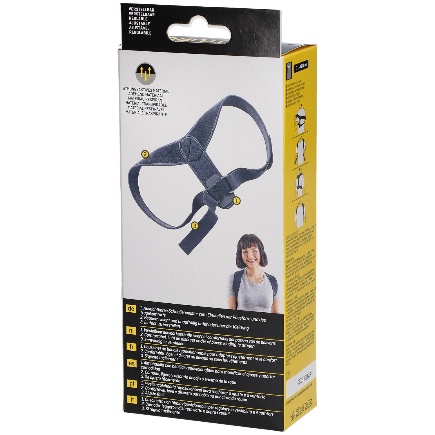 Confezione di un correttore posturale, vista frontale del prodotto e di una donna sorridente.