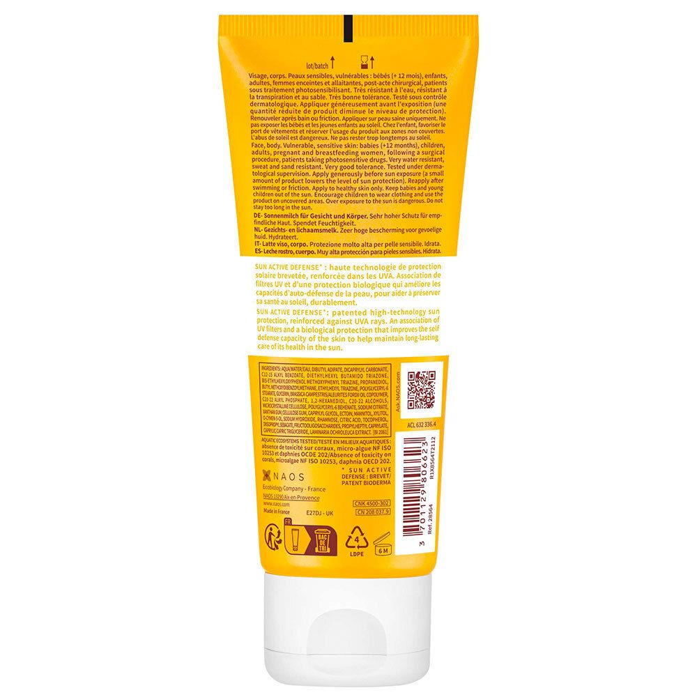 Retro del tubo giallo con testo. Contiene informazioni sull'uso e gli ingredienti.