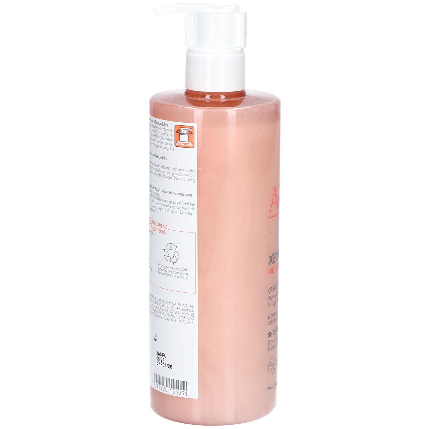 Retro del flacone Avene XeraCalm NUTRITION. Testo e loghi. Simbolo di riciclaggio, 99% ingredienti naturali.