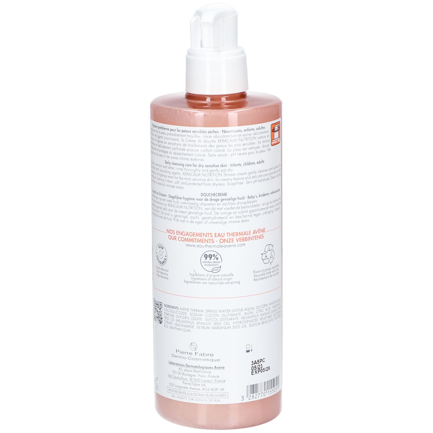 Retro del flacone Avene XeraCalm NUTRITION. Testo e loghi. 99% ingredienti naturali.