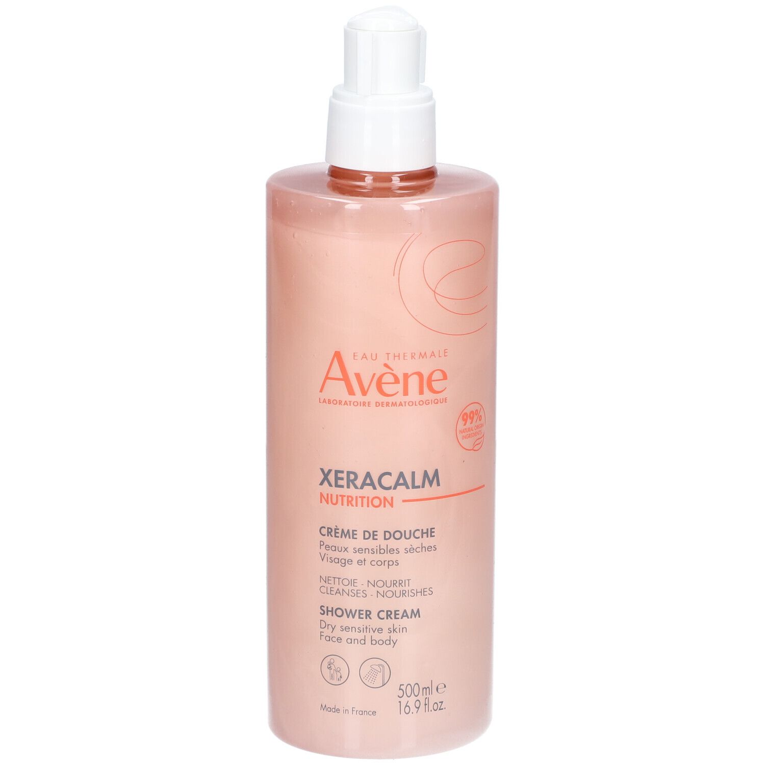 Flacone rosa Avene XeraCalm NUTRITION con dosatore bianco. Testo: Crema doccia, pelli sensibili secche, 500ml.