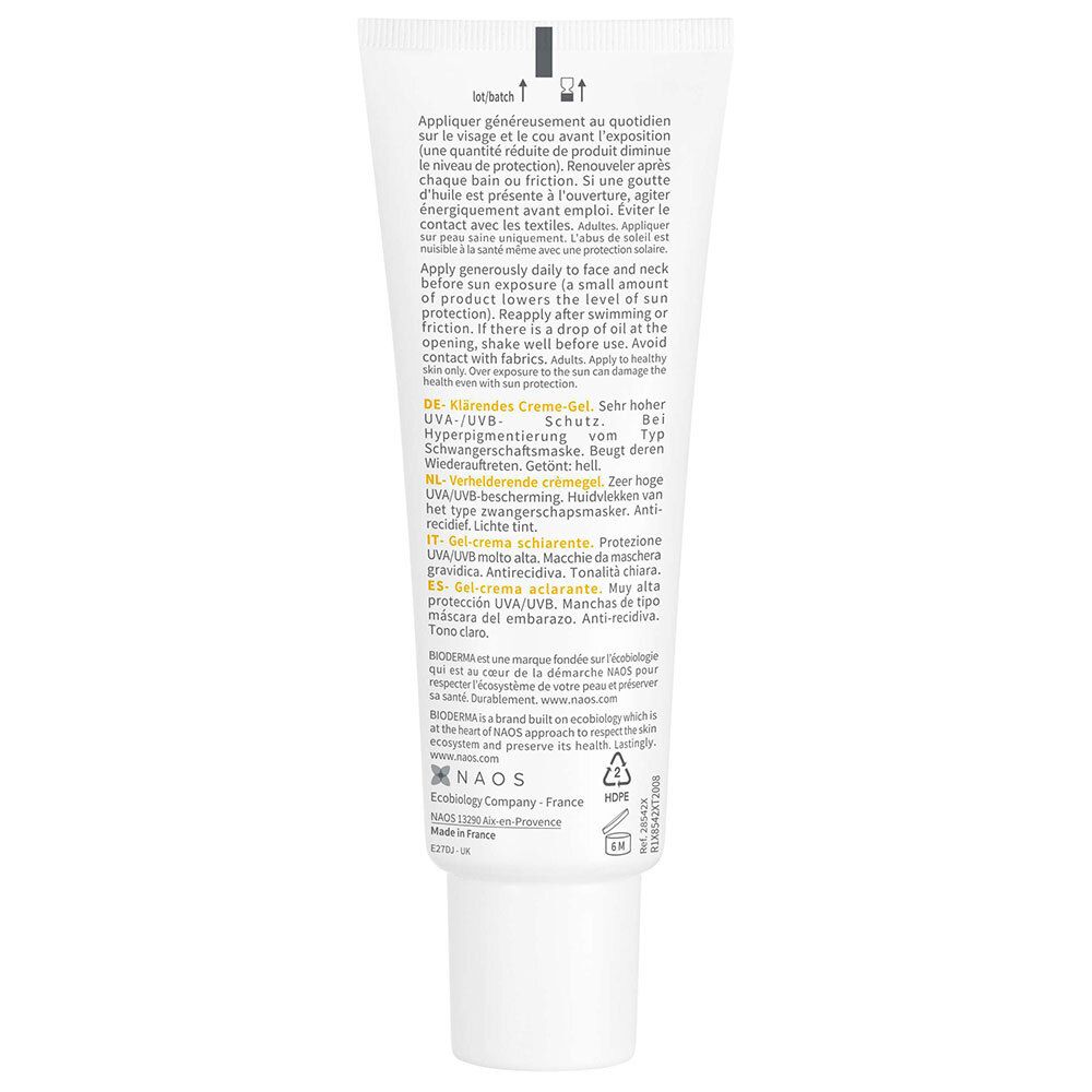 Retro del tubo BIODERMA Photoderm M. Testo multilingue. Informazioni sull'uso e sugli ingredienti.