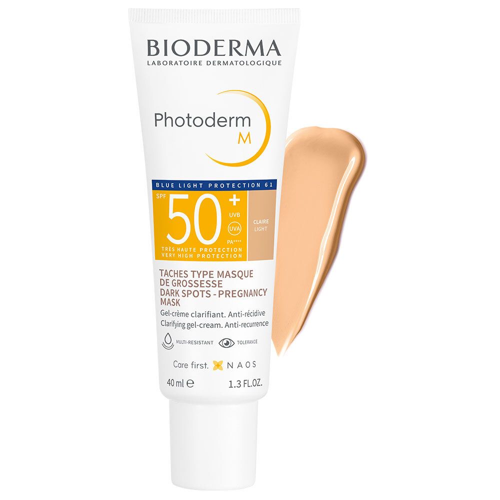 BIODERMA Photoderm M Gel-Crema SPF50+ Teinte Claire. Tubo e campione. Tonalità chiara.