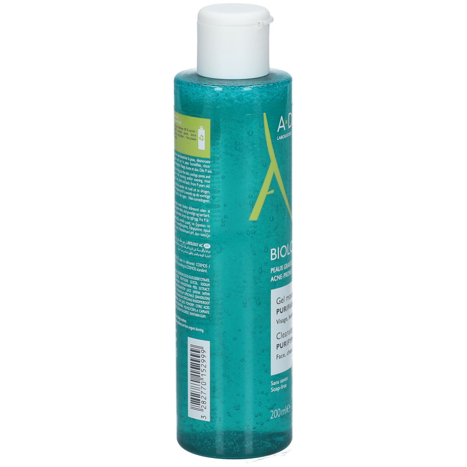 Flacone turchese con tappo bianco a scatto, contenente un gel trasparente con bollicine. Etichetta: A-Derma BIOLOGY AC, Gel Nettoyant Purifiant.