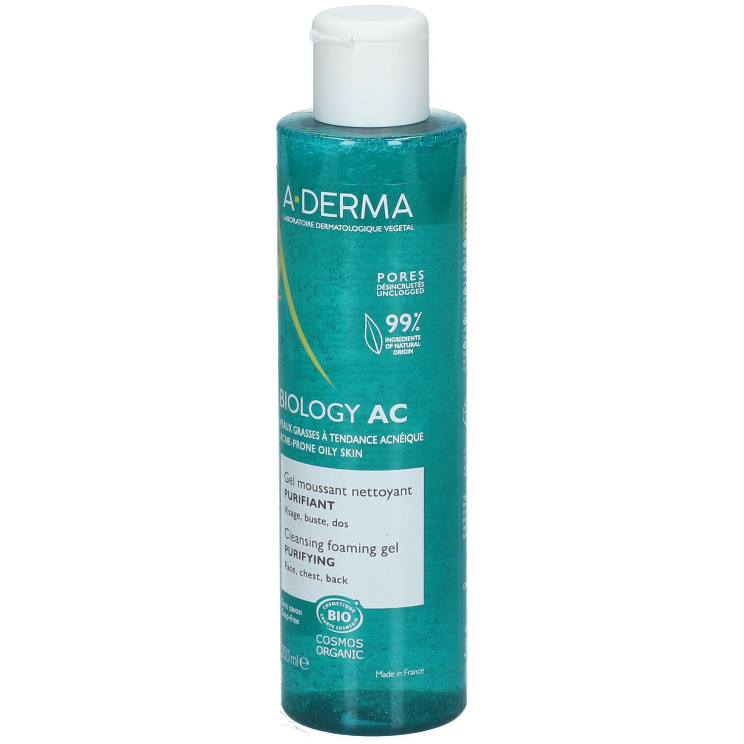 Gel detergente schiumogeno A-Derma Biology AC, 200ml, per pelli impure, 99% ingredienti di origine naturale.