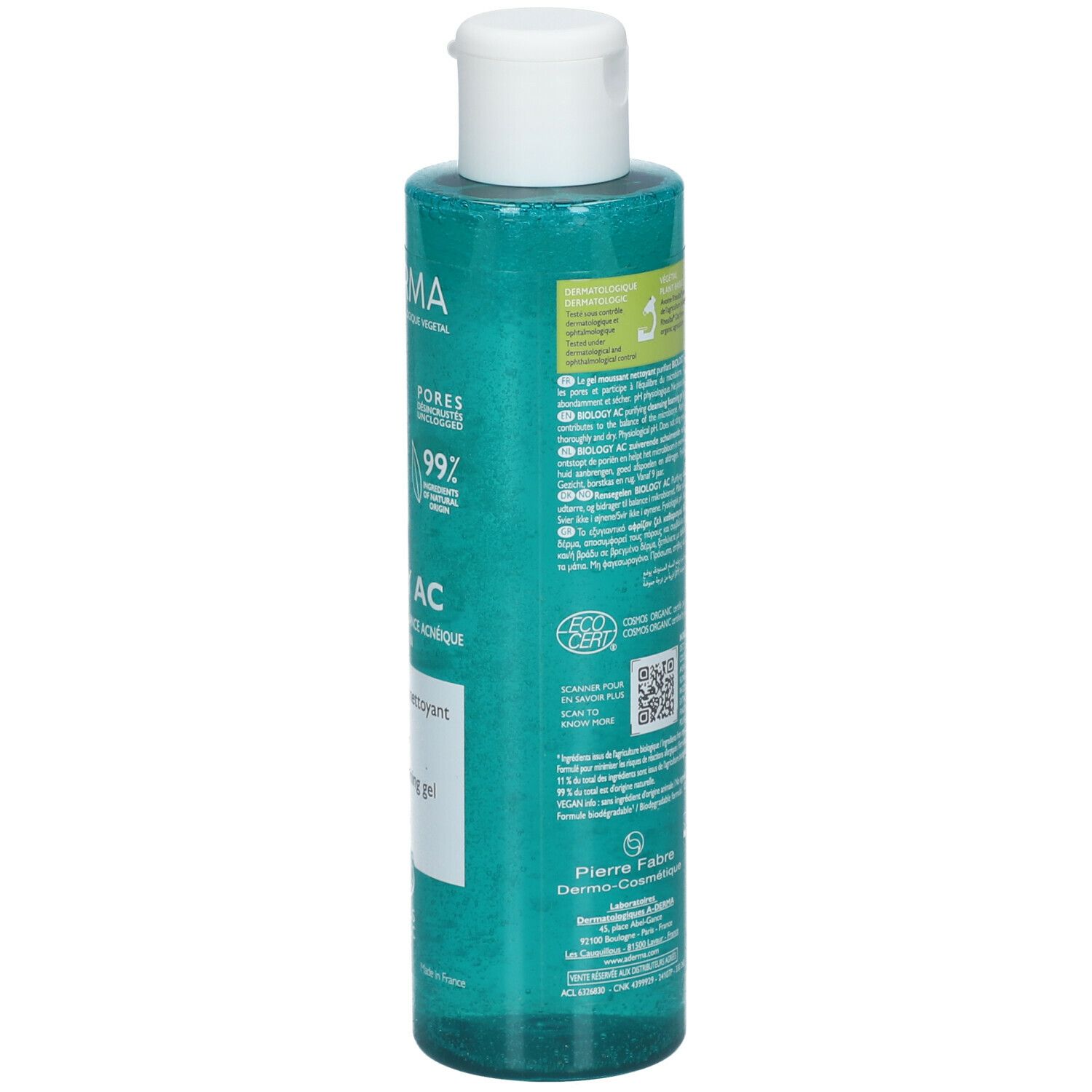 Flacone turchese con tappo bianco a scatto. Etichetta con testo e indicazione 99%.