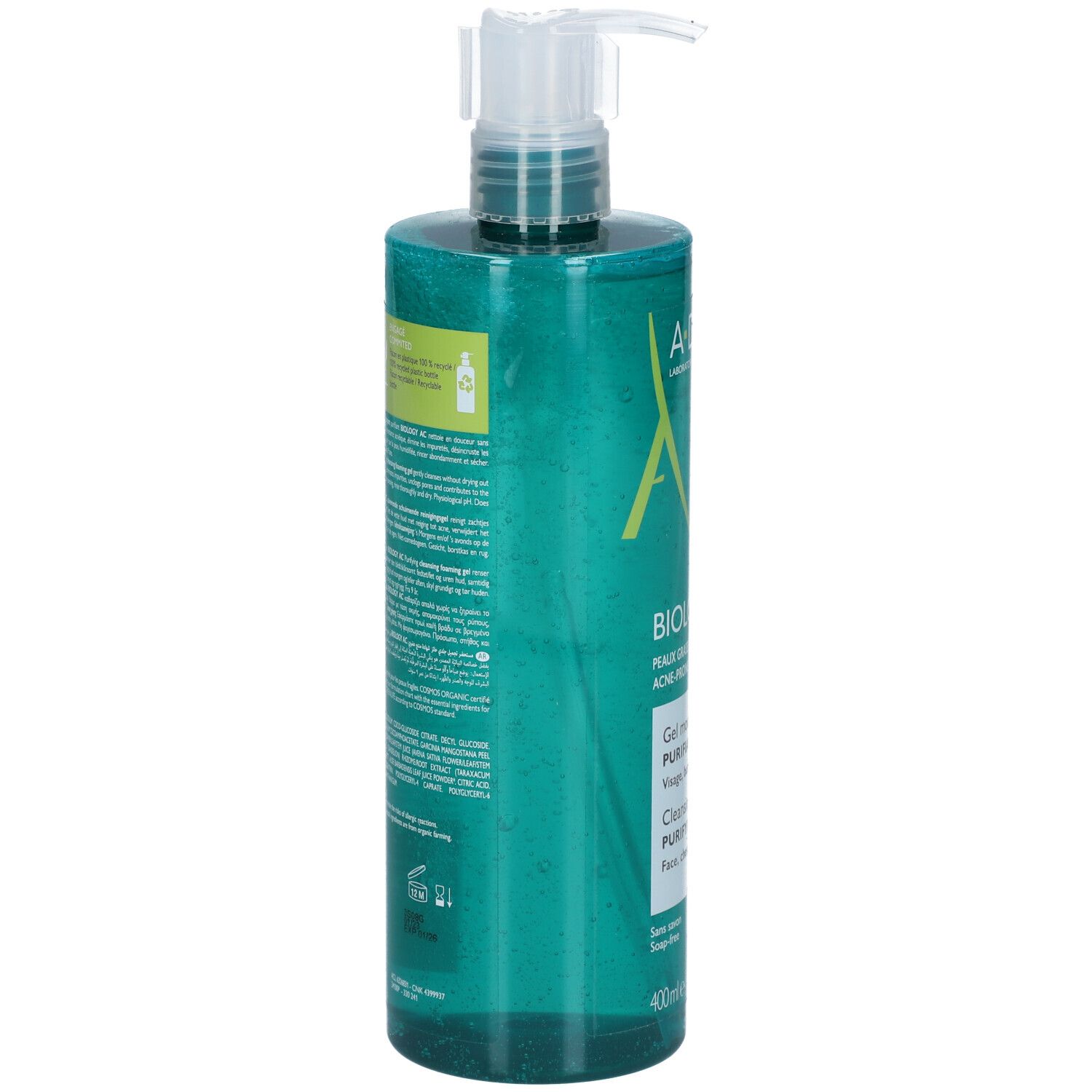 Retro del flacone A-Derma Biology AC. Testo e informazioni sul prodotto. Sfondo verde, flacone trasparente con dosatore.