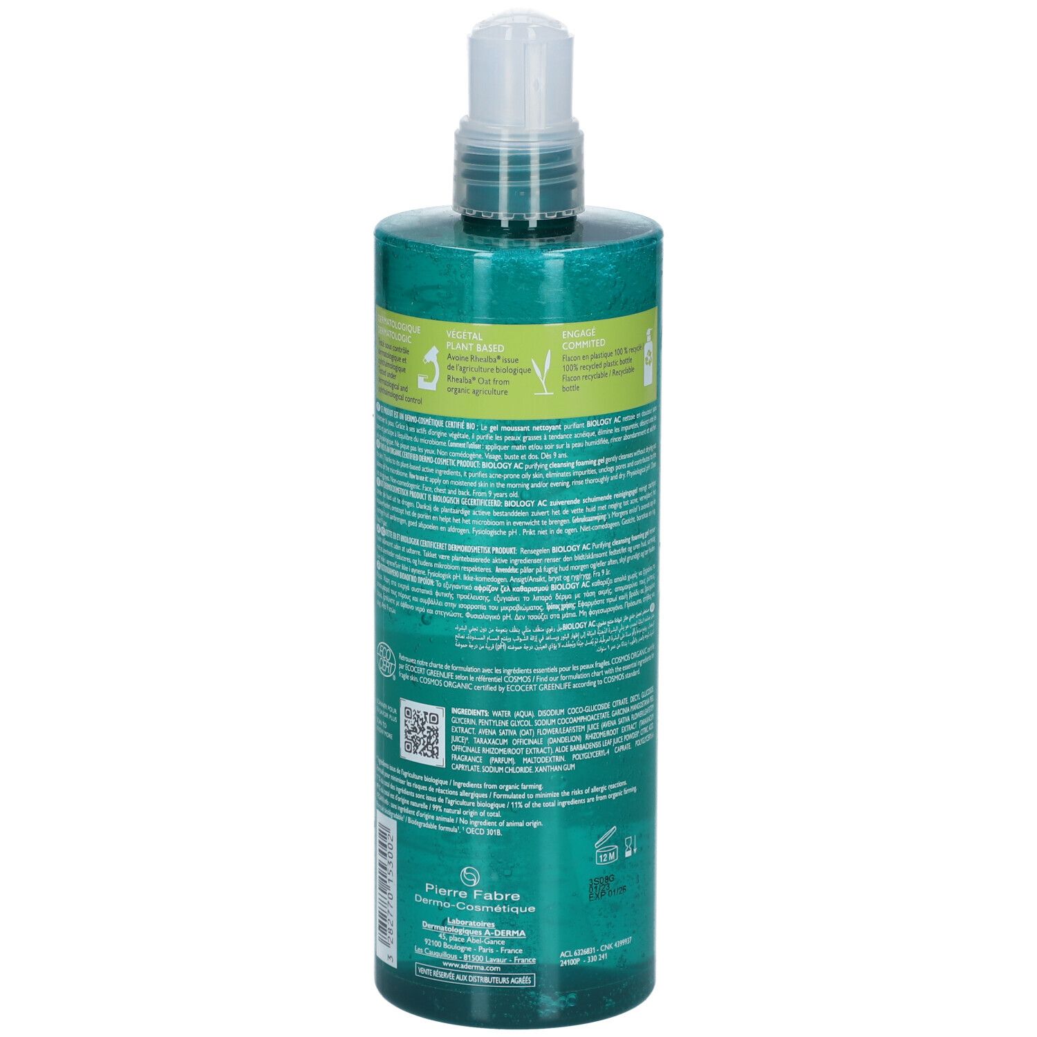 Retro del flacone A-Derma Biology AC. Testo e informazioni sul prodotto. Sfondo verde, flacone trasparente con dosatore.