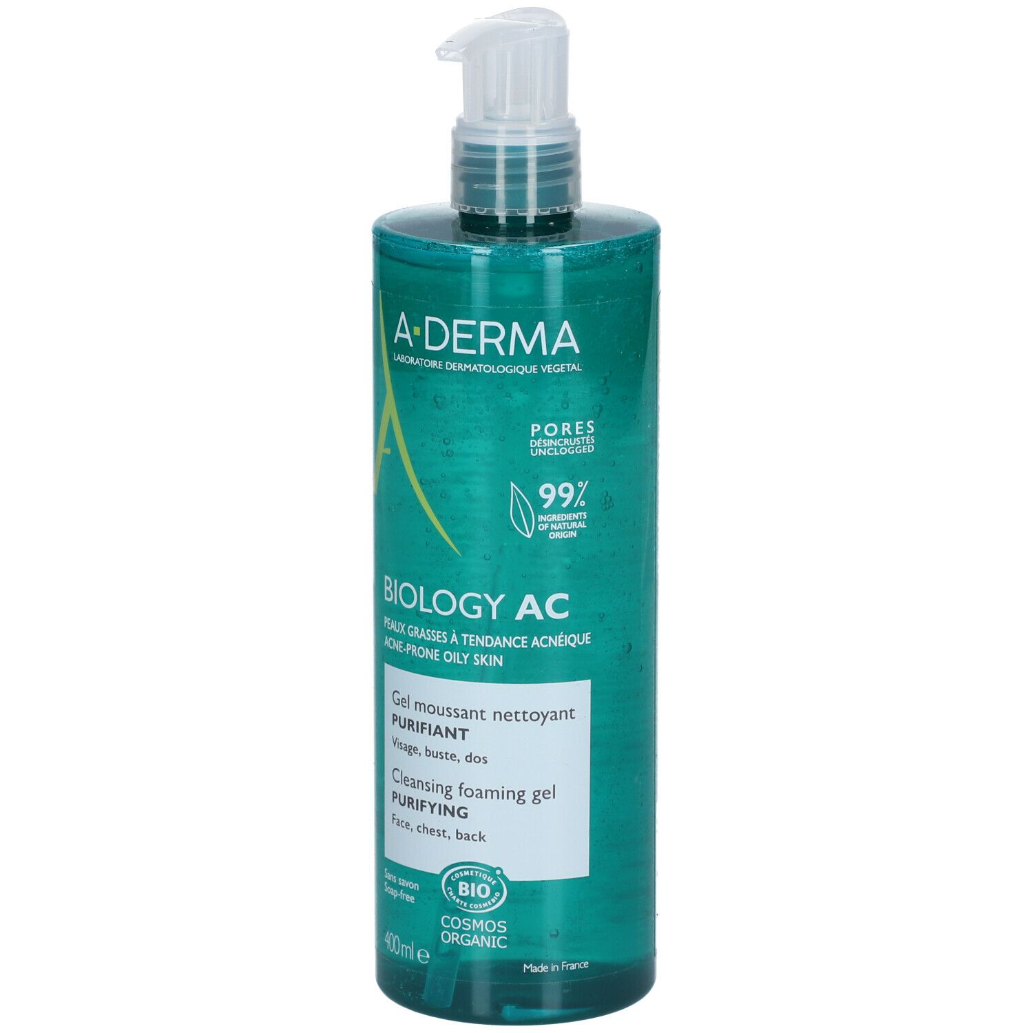 Flacone verde A-Derma Biology AC. Gel detergente schiumogeno purificante per pelli grasse. Scritta: 400ml, Bio Cosmos Organic.