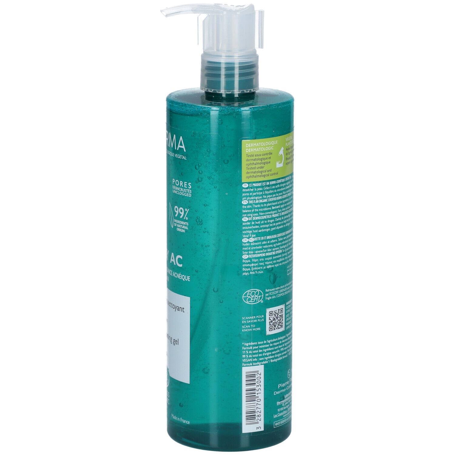 Flacone con pompa verde contenente gel trasparente con beccuccio a pompa bianco. Etichetta con informazioni sul prodotto e sigilli.