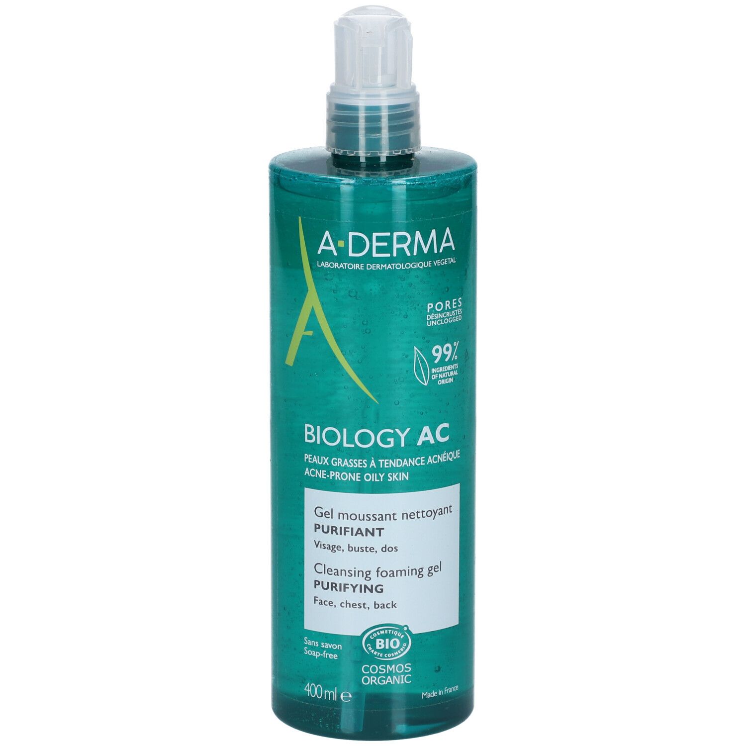Flacone verde A-Derma Biology AC. Gel detergente schiumogeno purificante per pelli grasse. Scritta: 400ml, Bio Cosmos Organic.