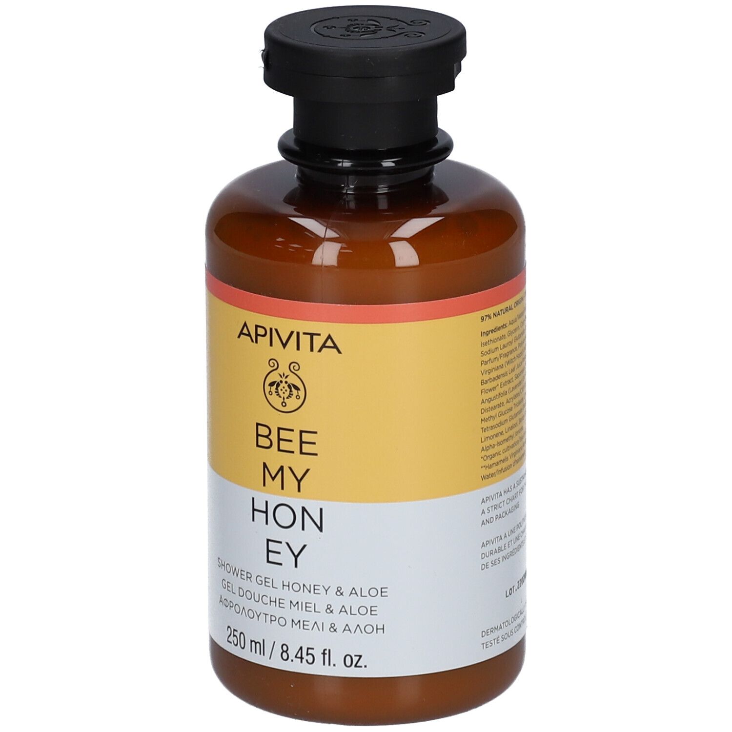 Flacone marrone con tappo nero. Etichetta gialla con testo: APIVITA BEE MY HONEY. Gel doccia.