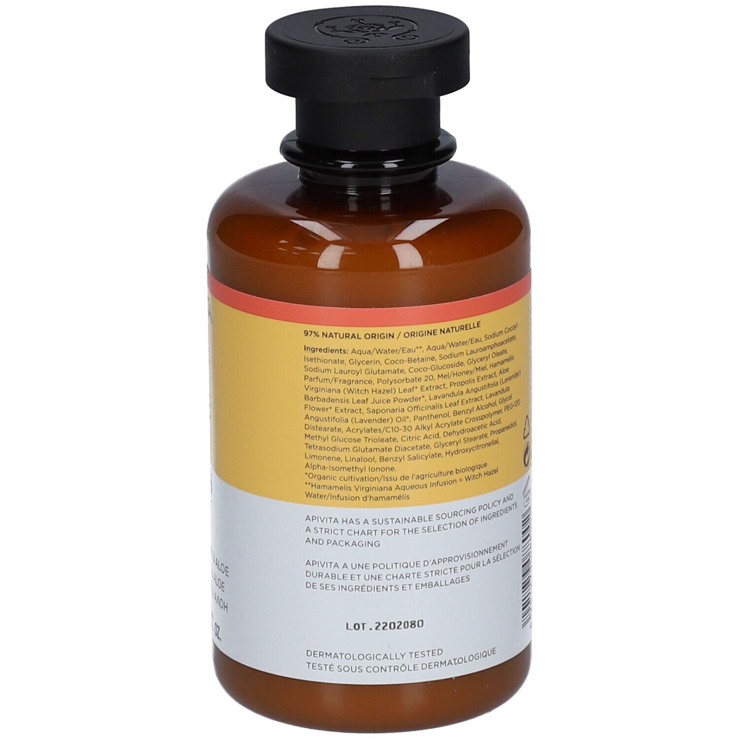 Retro del flacone. Testo multilingue. Ingredienti e informazioni. Tappo nero.