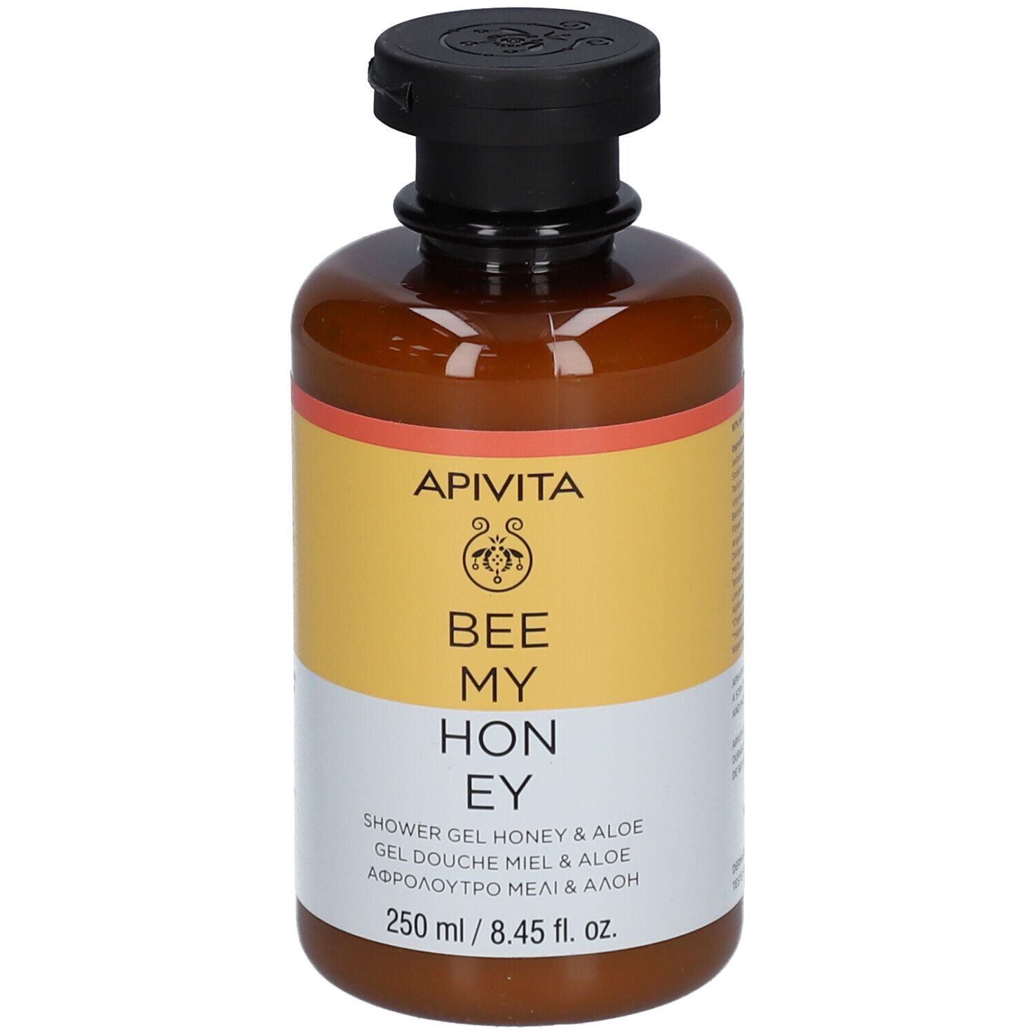 Flacone marrone con tappo nero. Etichetta gialla con testo: APIVITA BEE MY HONEY. Gel doccia.