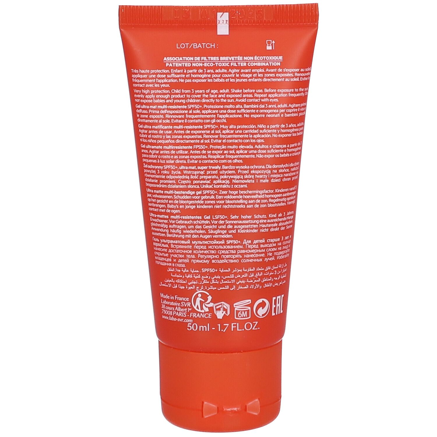 Retro di un tubo arancione. Testo multilingue. 50 ml, 1.7 FL.OZ. Simbolo 6M.