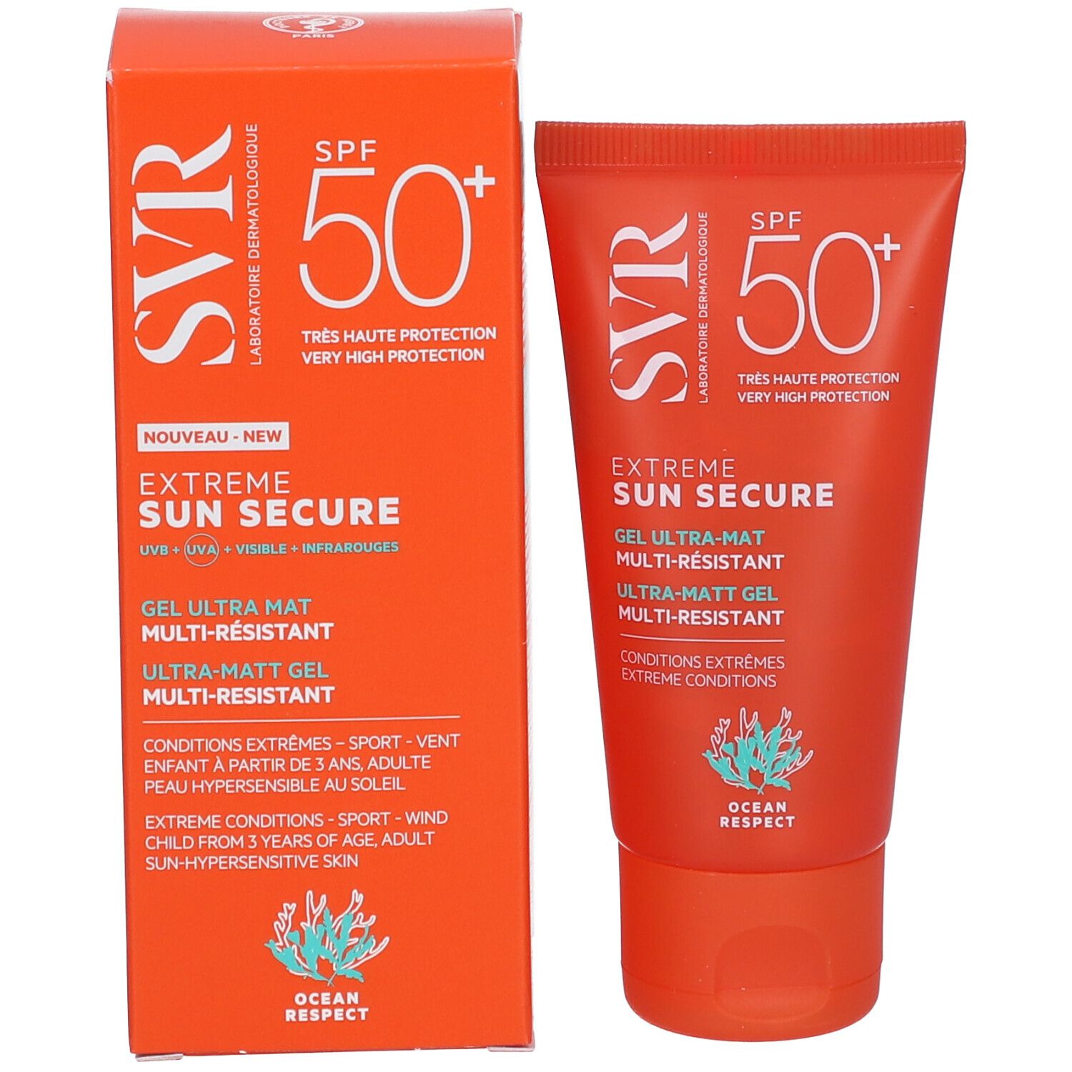Scatola e tubo arancioni. Logo SVR, SPF 50+, Extreme Sun Secure, Gel Ultra-Mat. Logo Ocean Respect.