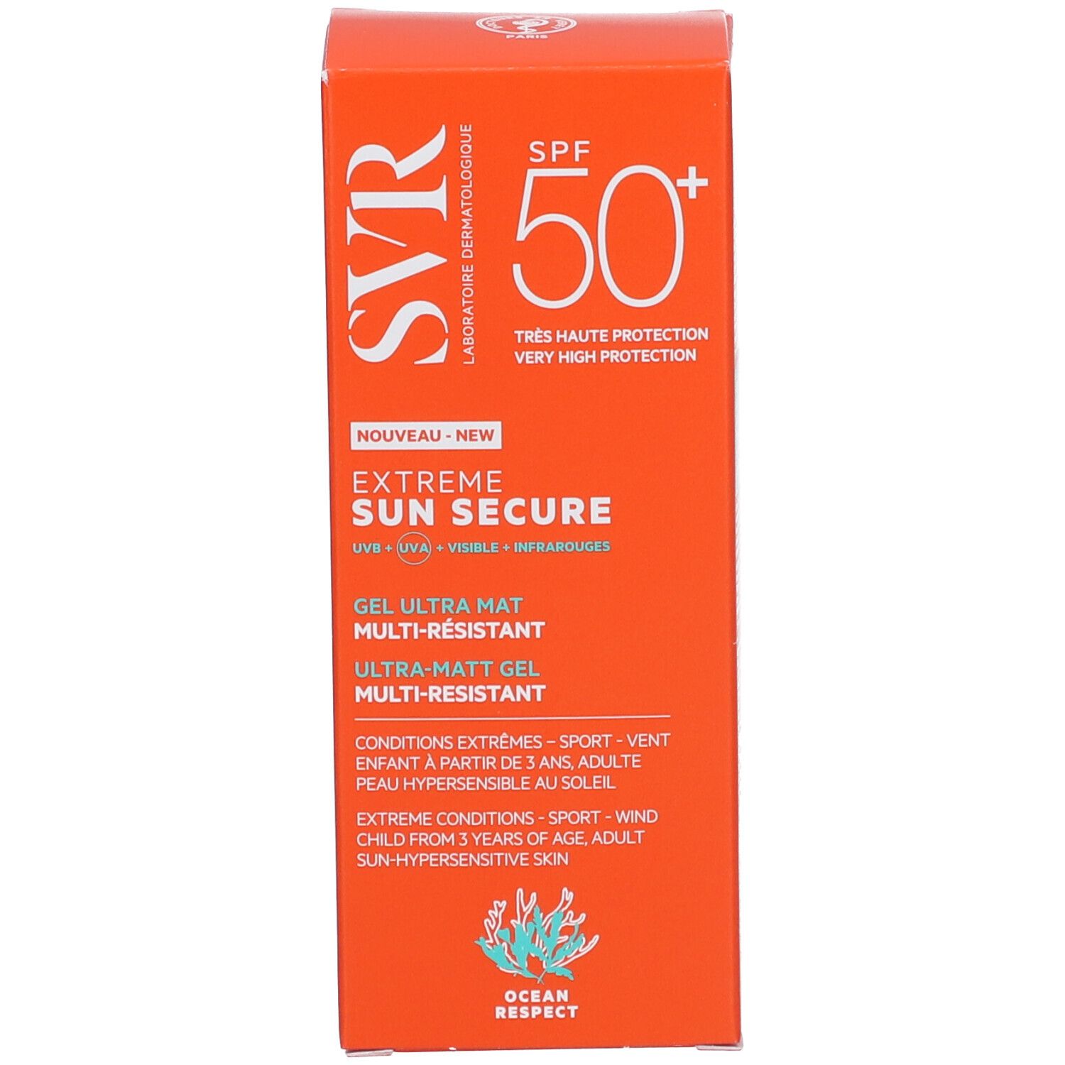 Scatola arancione. Logo SVR, SPF 50+, Extreme Sun Secure, Gel Ultra-Mat. Logo Ocean Respect.