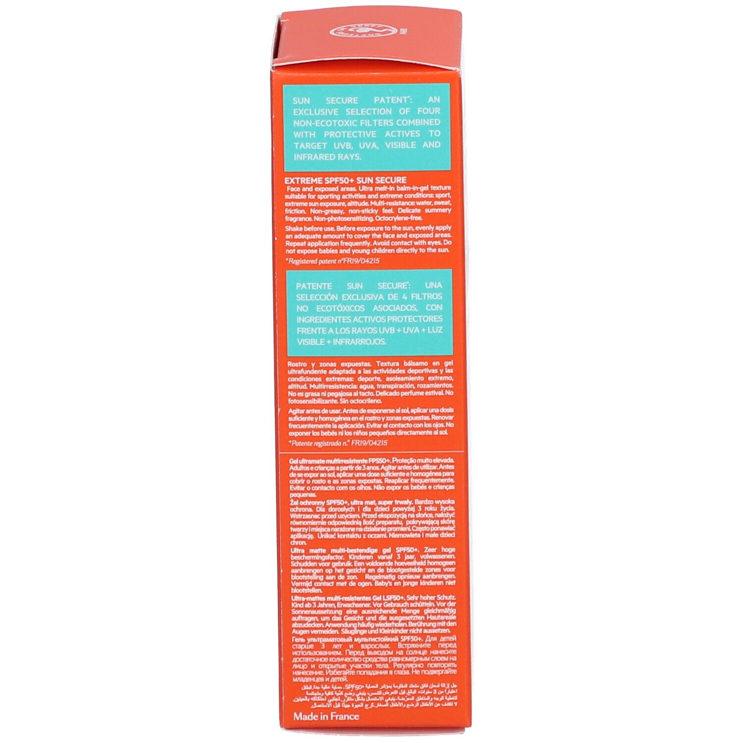 Retro di una scatola arancione. Testo multilingue.