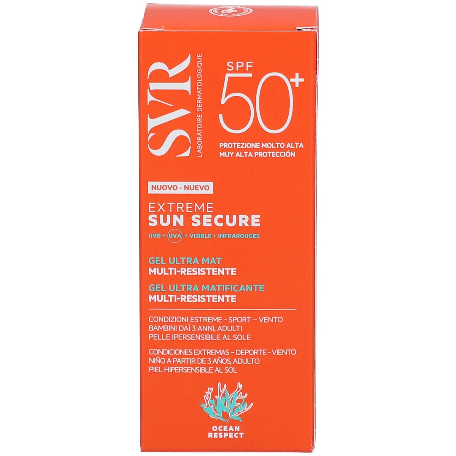 Scatola arancione. Logo SVR, SPF 50+, Extreme Sun Secure, Gel Ultra-Mat. Logo Ocean Respect.
