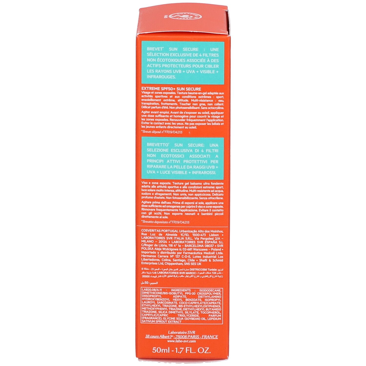 Retro di una scatola arancione. Testo multilingue. 50ml - 1.7 FL.OZ.