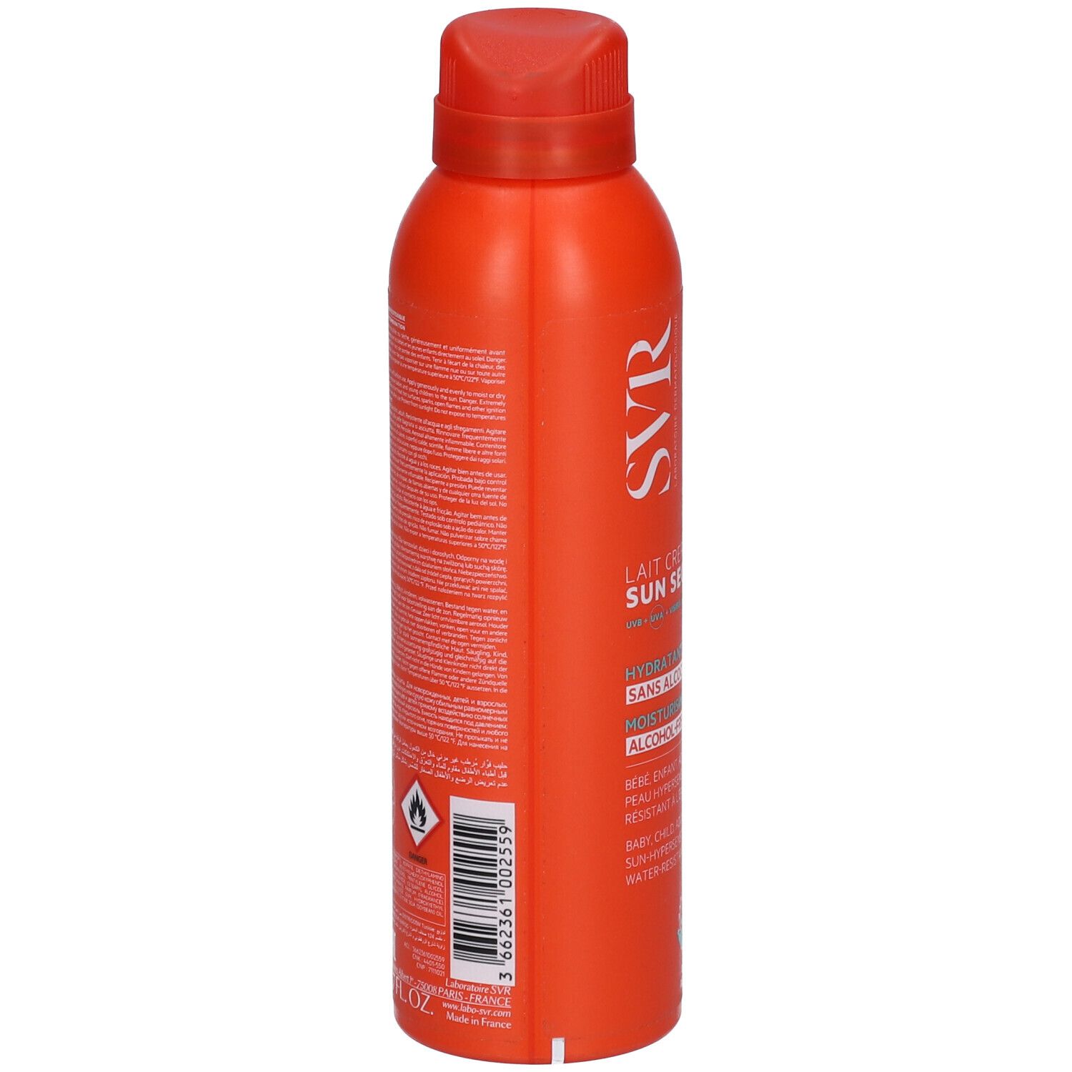 Retro della lattina SVR SUN SECURE Lait Crepitant SPF50+ con istruzioni per l'uso.