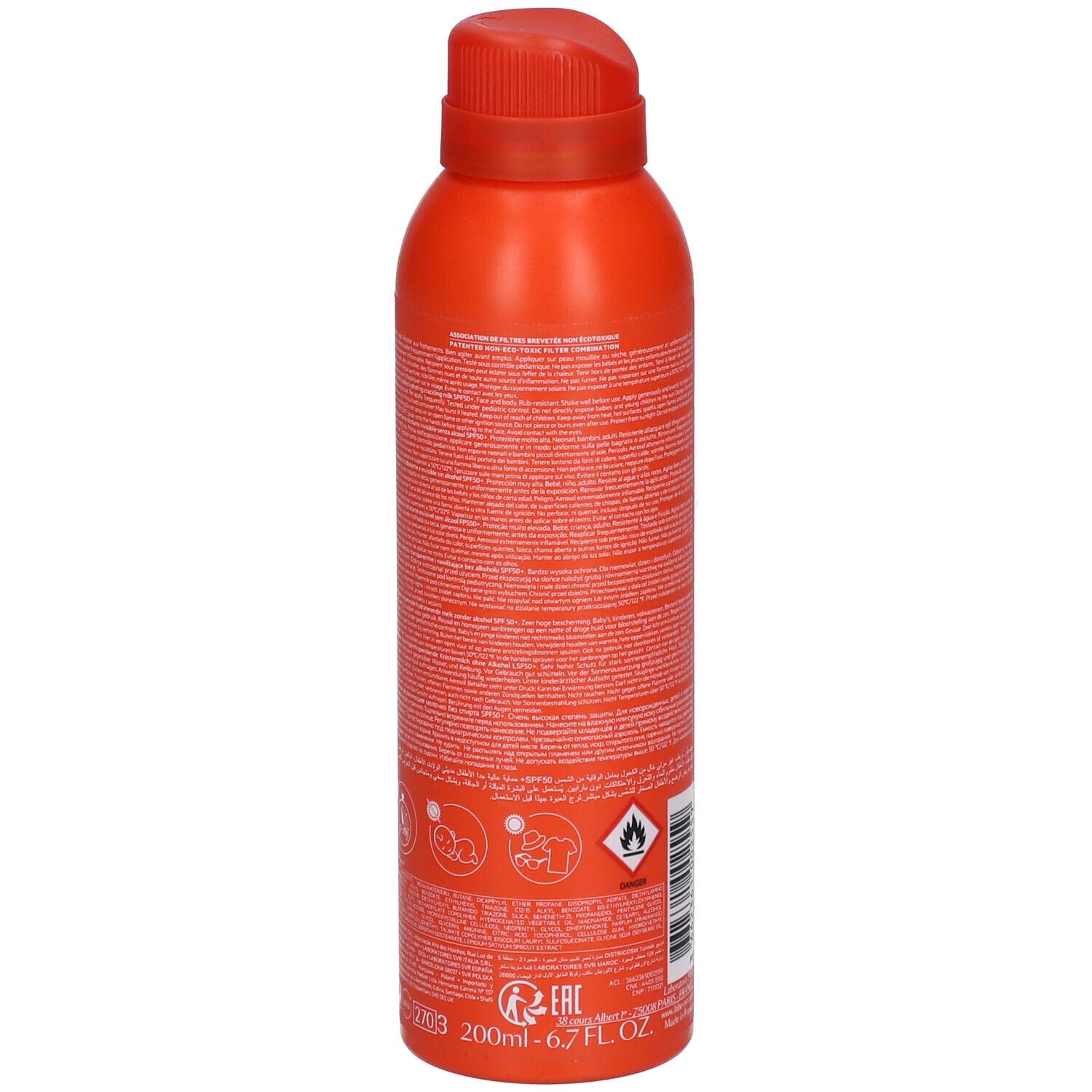 Retro della lattina SVR SUN SECURE Lait Crepitant SPF50+ con informazioni sul prodotto e icone.