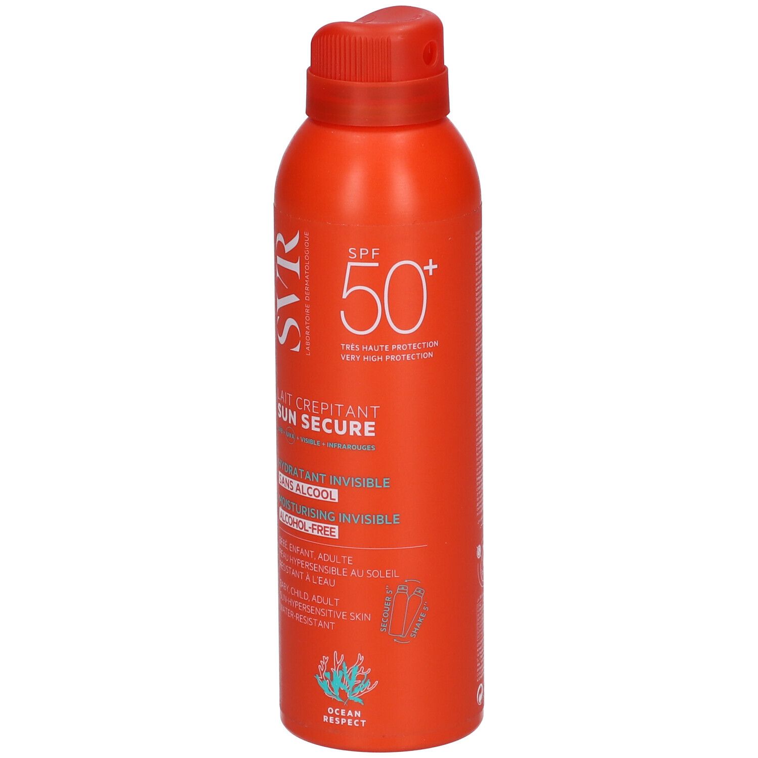 SVR SUN SECURE Lait Crepitant SPF50+ spray solare in lattina arancione, vista frontale.