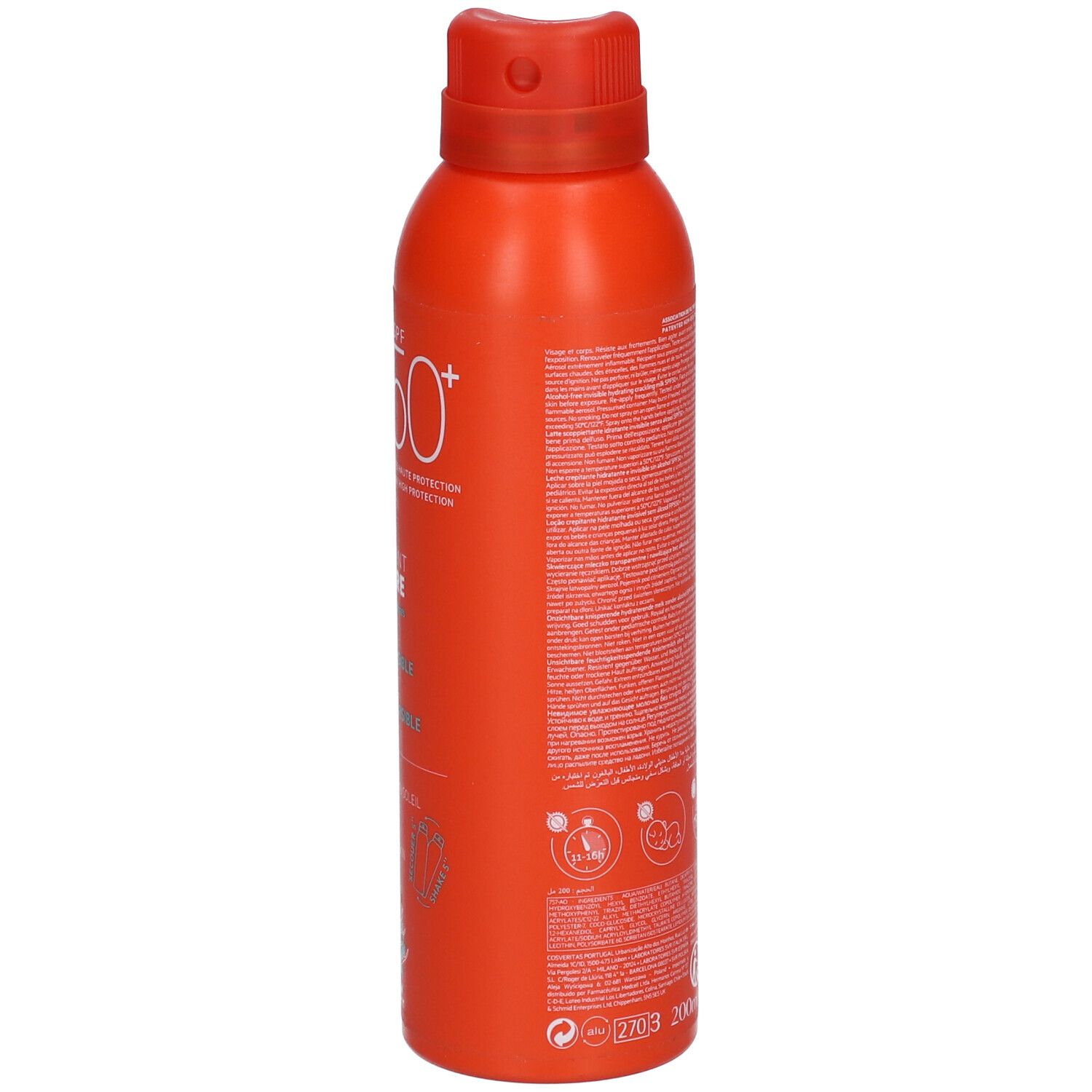 Vista laterale della lattina SVR SUN SECURE Lait Crepitant SPF50+ con informazioni dettagliate sul prodotto.