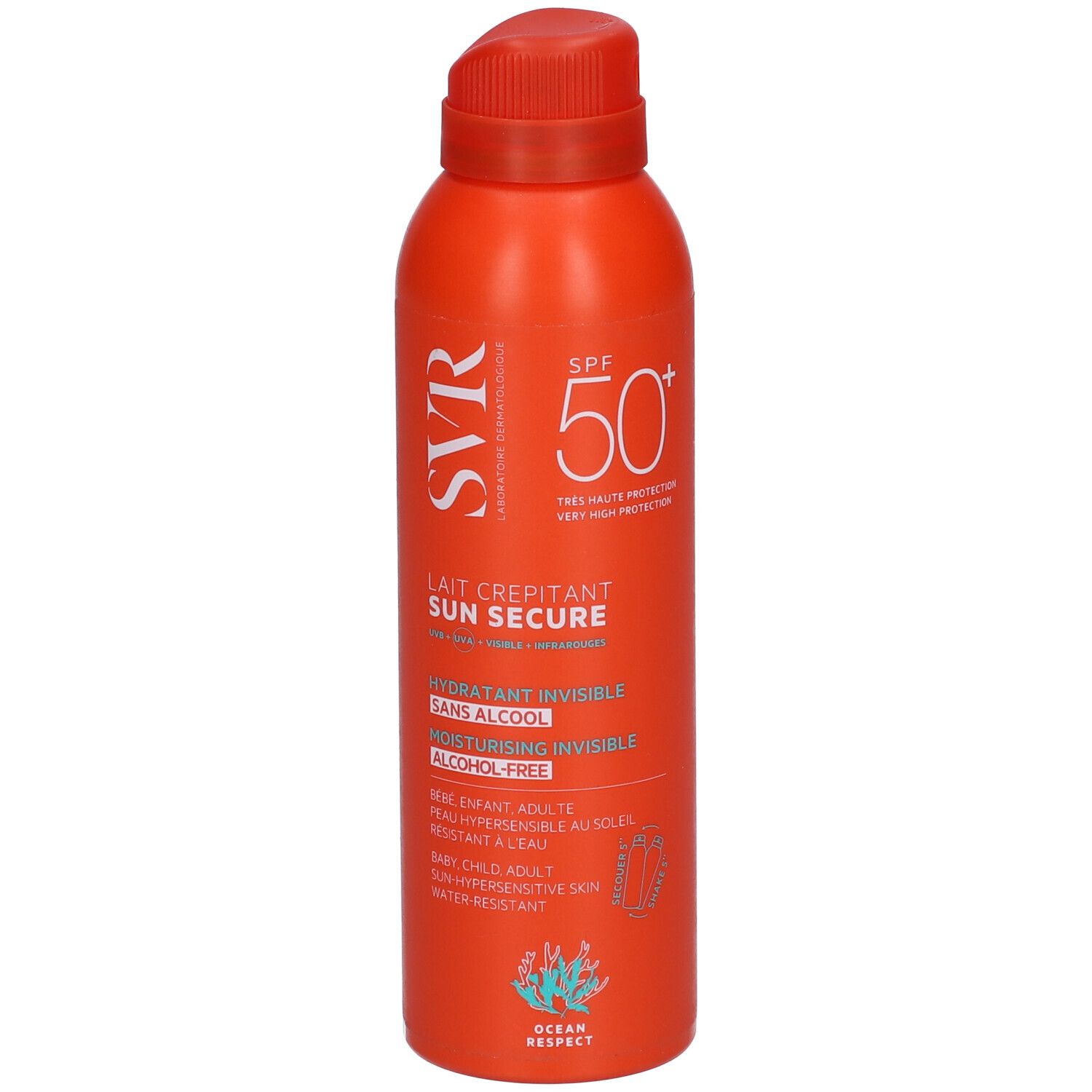 SVR SUN SECURE Lait Crepitant SPF50+ spray solare in lattina arancione, isolato.