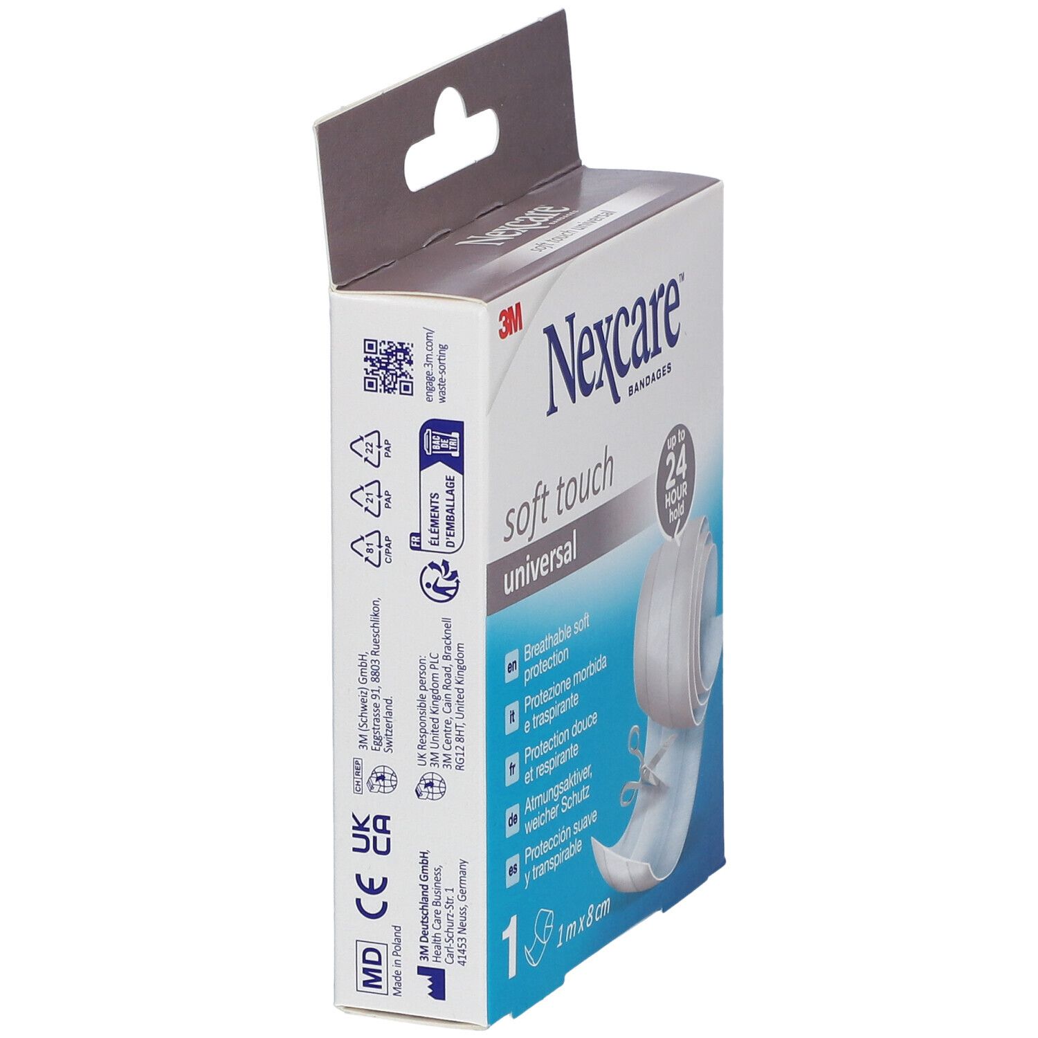 Nexcare Soft Touch Universal-Bandage. Confezione con rotolo. 1 m x 8 cm. Fino a 24 ore.