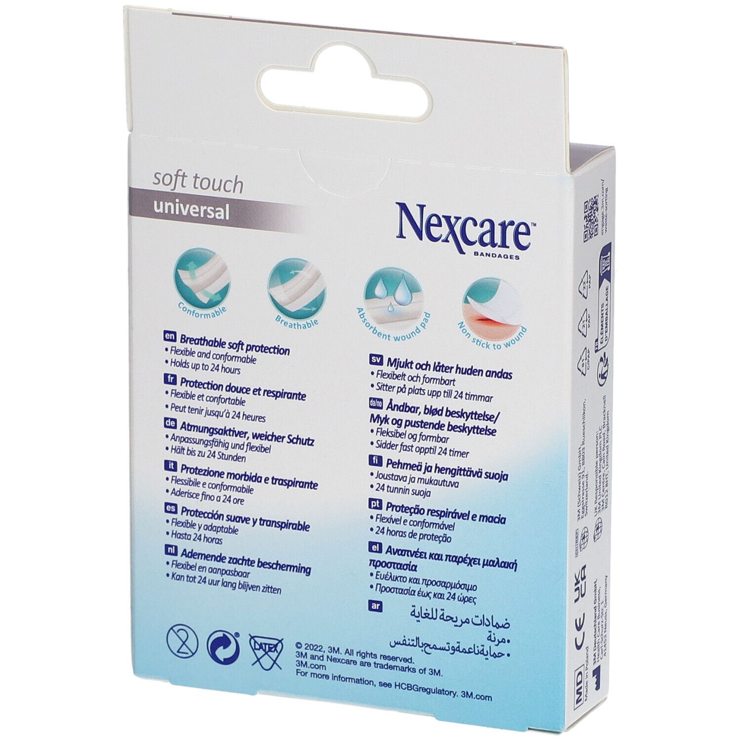 Retro confezione Nexcare Soft Touch Universal-Bandage. Caratteristiche del prodotto in più lingue.