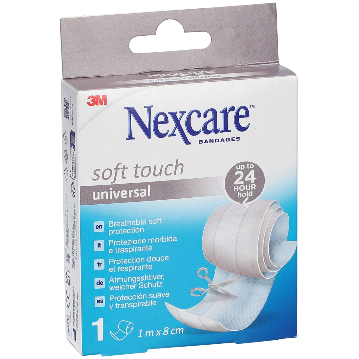 Nexcare Soft Touch Universal-Bandage. Confezione con rotolo. 1 m x 8 cm. Fino a 24 ore.