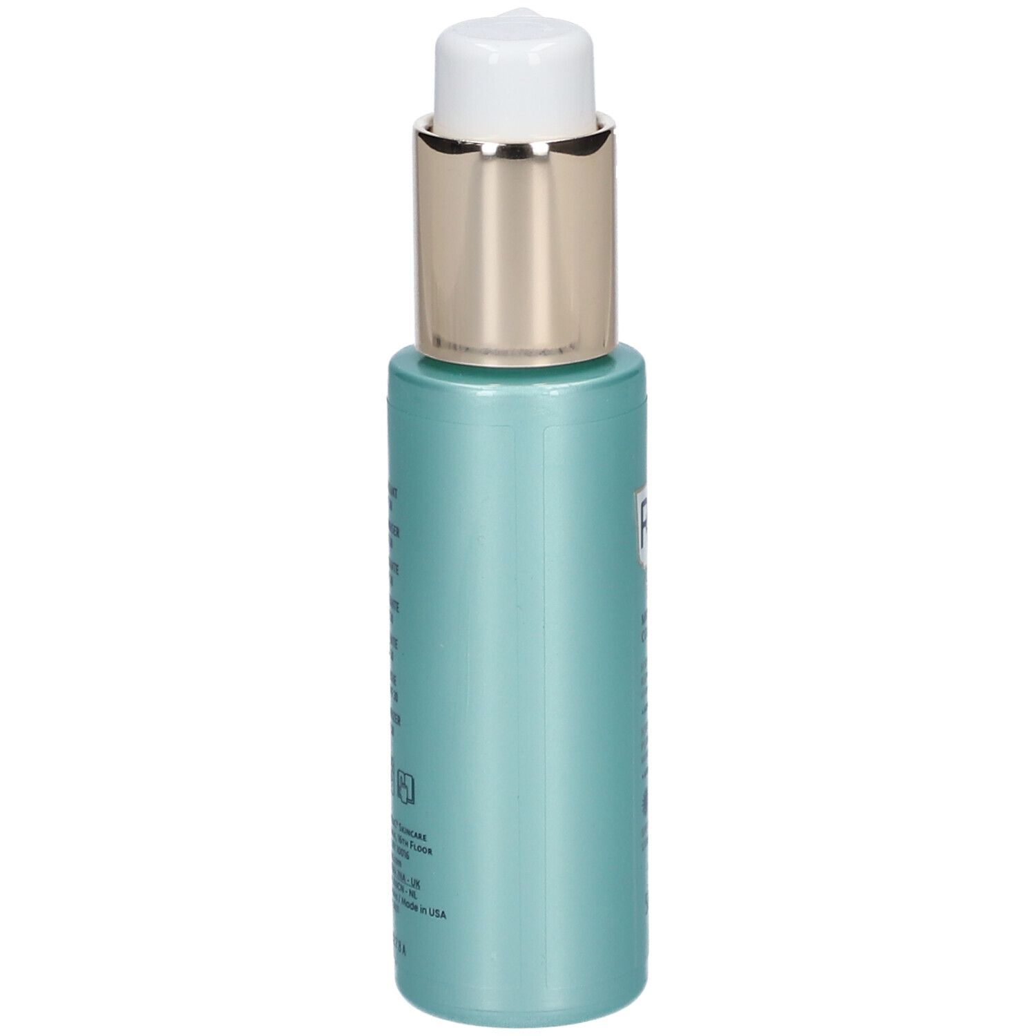 Retro del flacone idratante RoC Multi Correxion turchese con pompa. Testo.