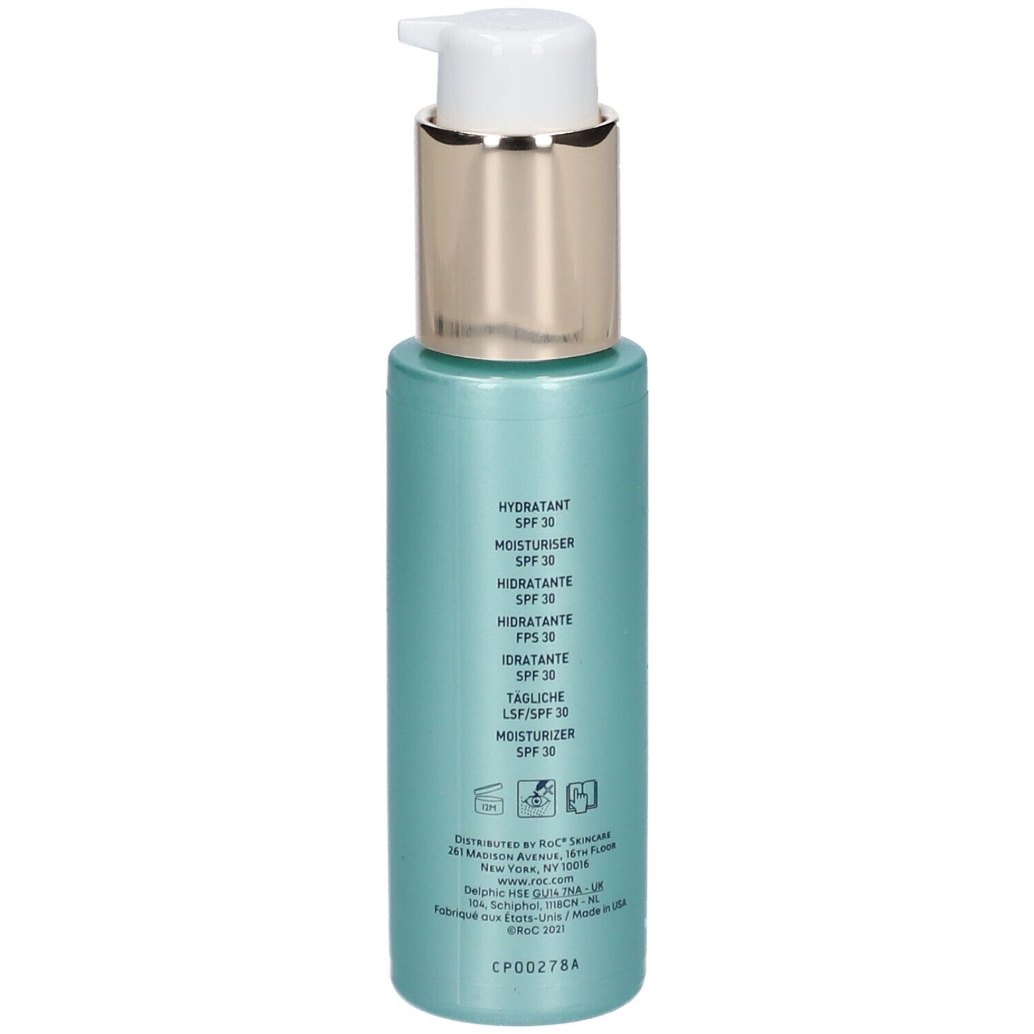 Retro del flacone idratante RoC Multi Correxion turchese con pompa. Testo.